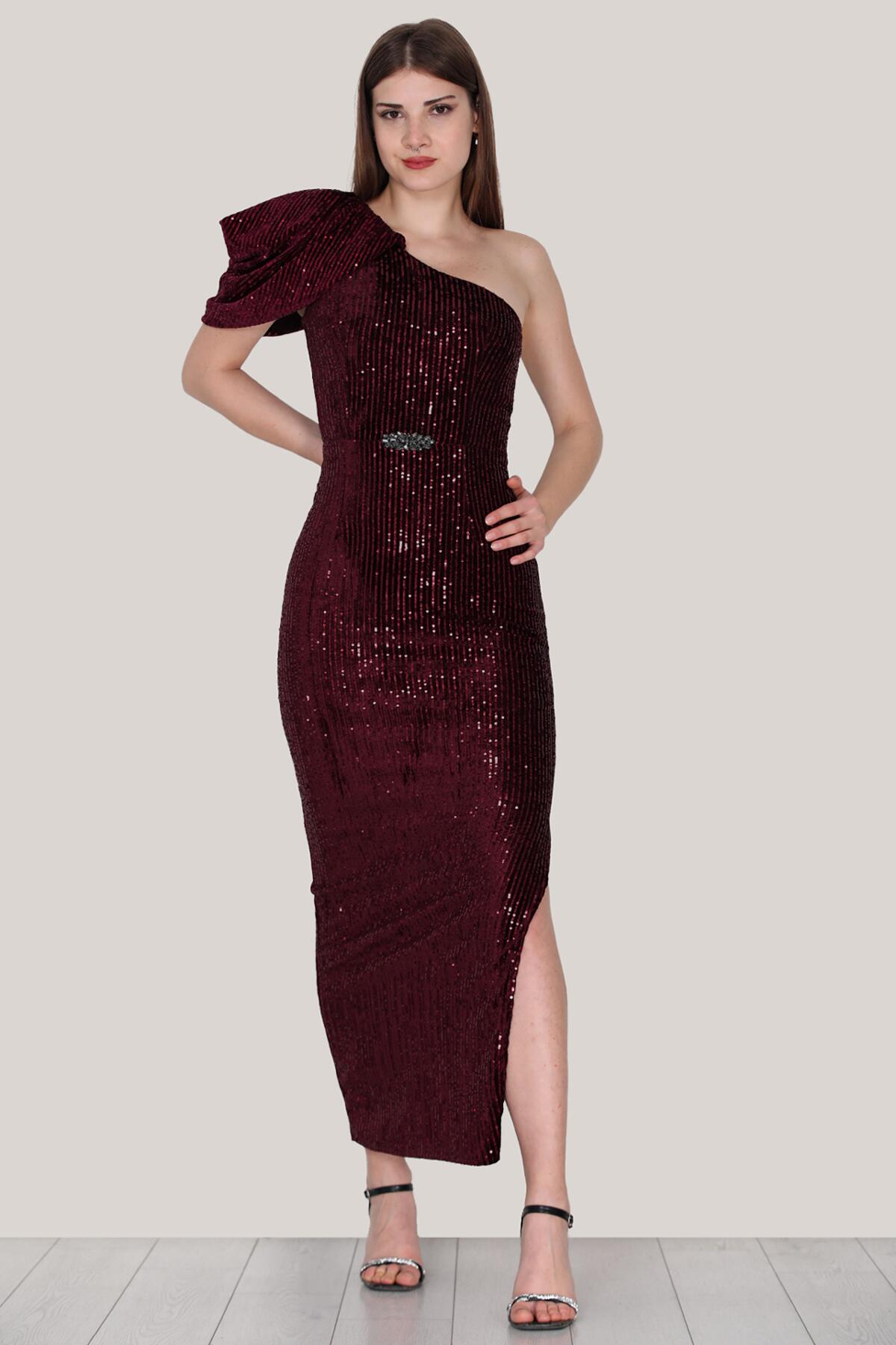 Burgundy Sequin Evening Dress