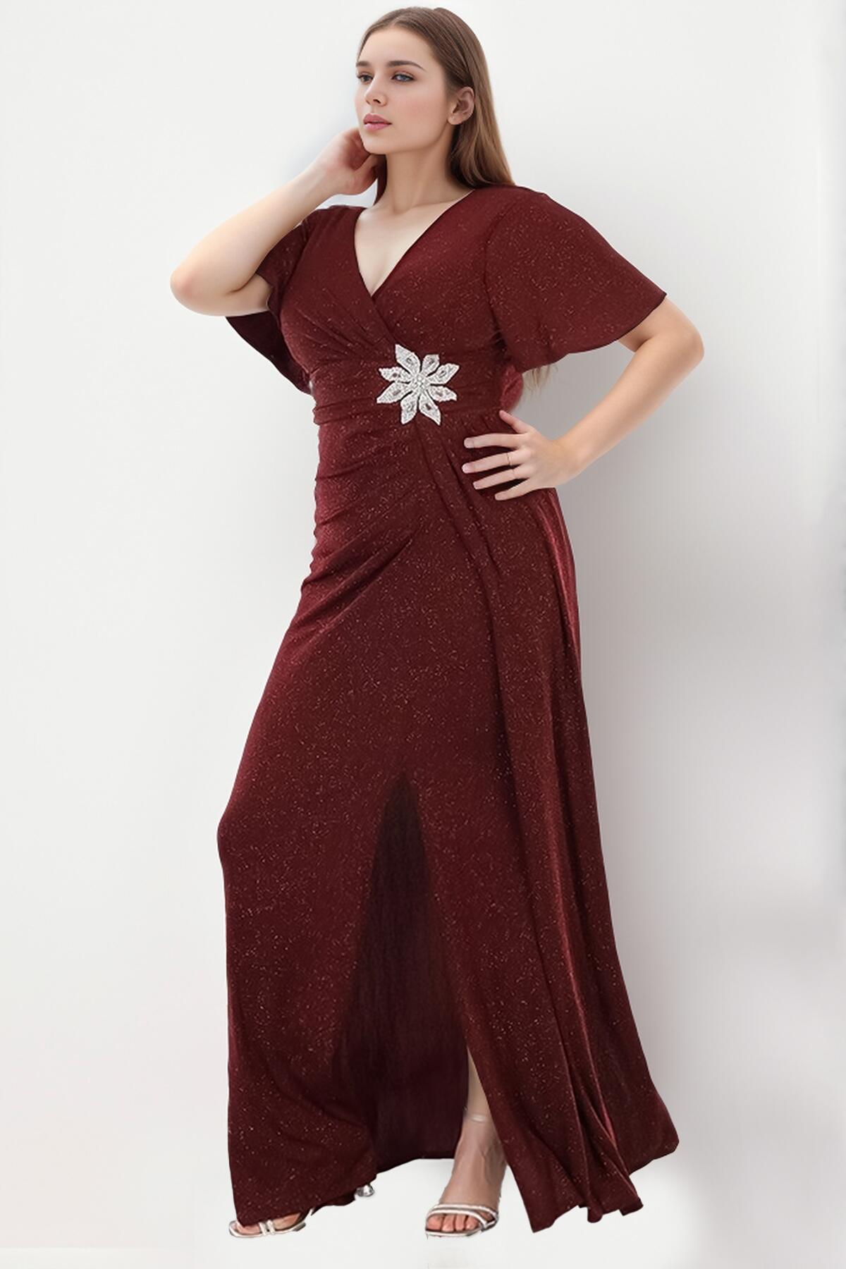 Plus - Size V - Neck Sparkle Maxi Dress — Burgundy