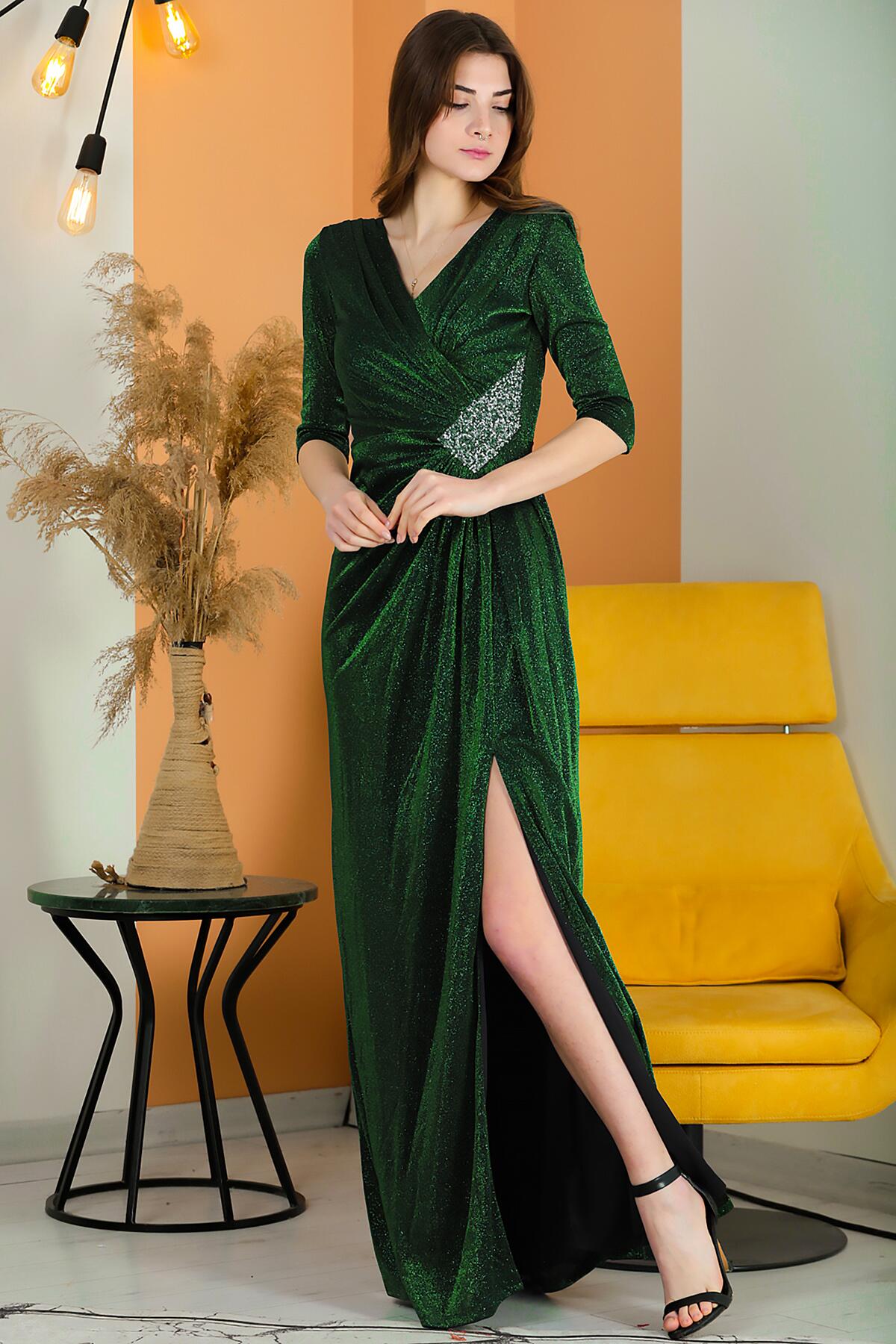 Sparkly Long V‑Neck Evening Dress — Green
