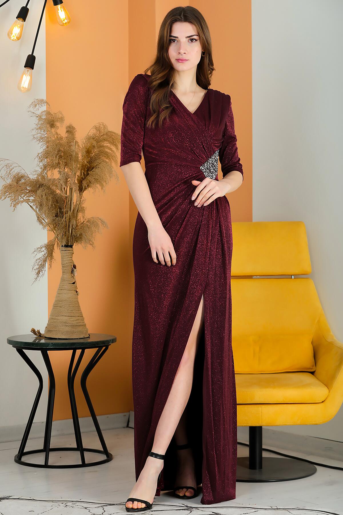 Sparkly Long V‑Neck Evening Dress — Burgundy