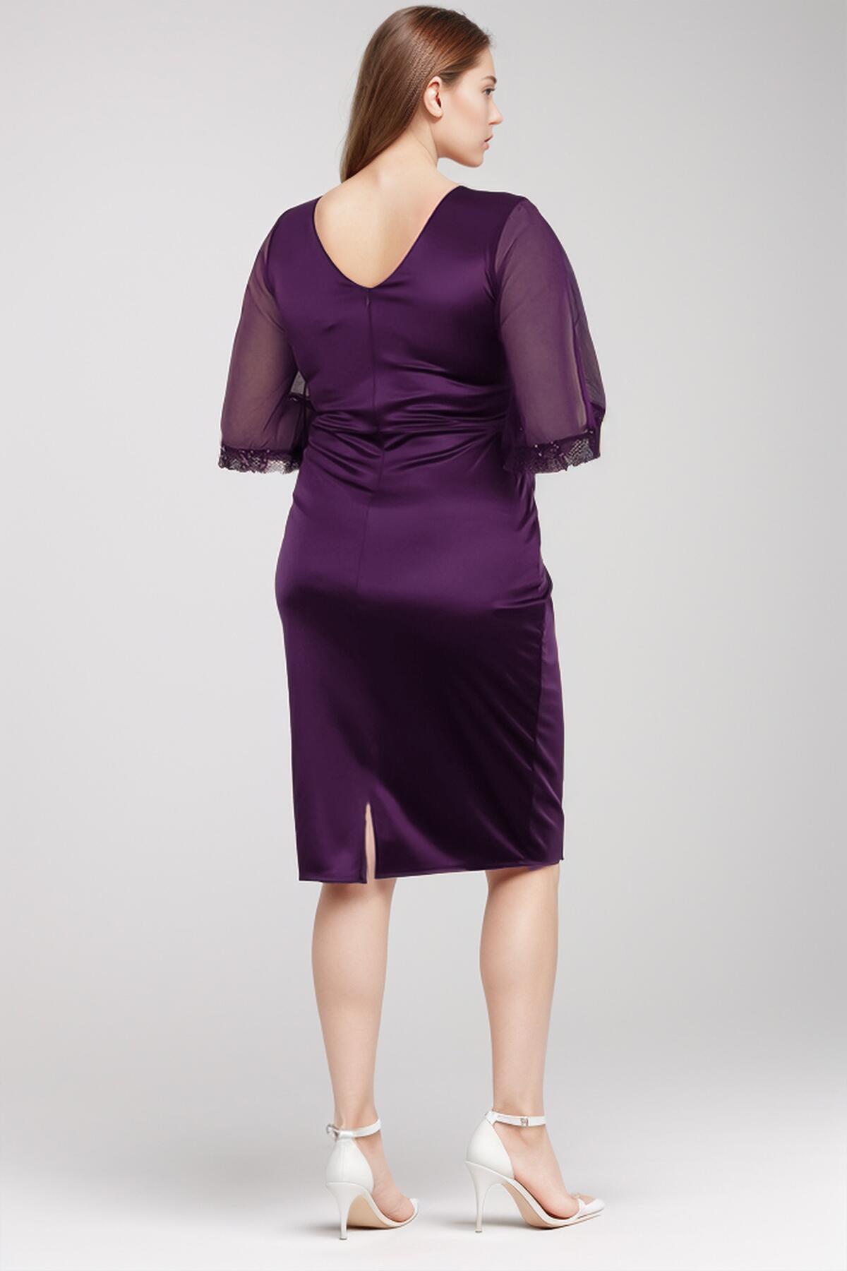 Plus Size V - Neck Short Dress With Sequin & Stone Detail - Dark Purple