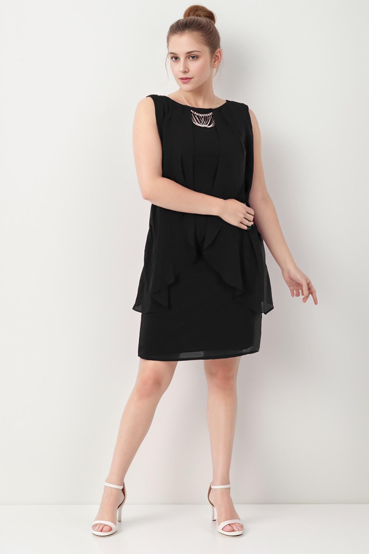 Plus - Size Short Chiffon Dress With Necklace Neckline — Black