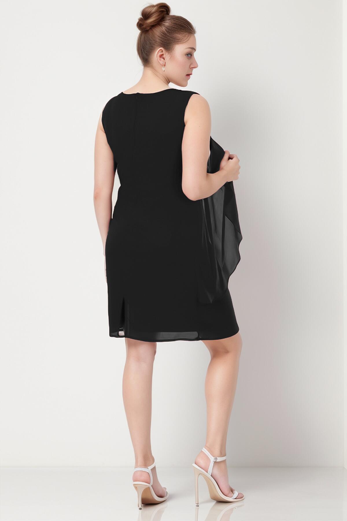 Plus - Size Short Chiffon Dress With Necklace Neckline — Black