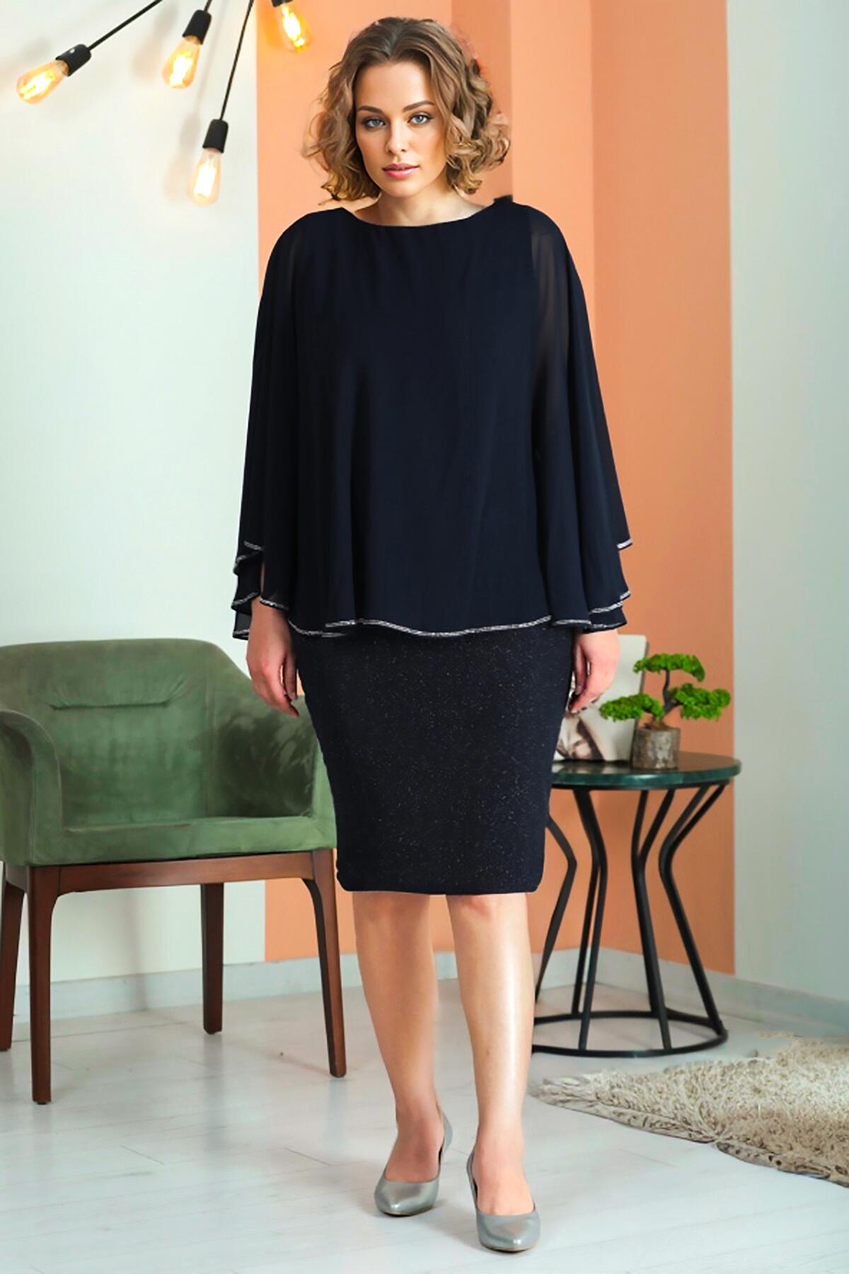 Plus - Size Short Chiffon Shimmer Dress, Navy