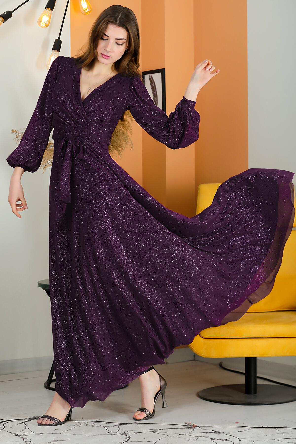 Glitter V - Neck Belted Evening Dress — Dark Purple