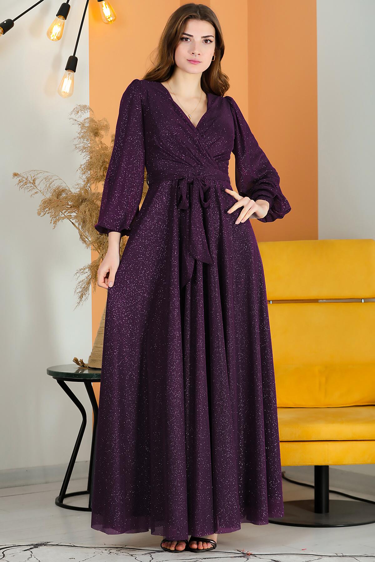 Glitter V - Neck Belted Evening Dress — Dark Purple
