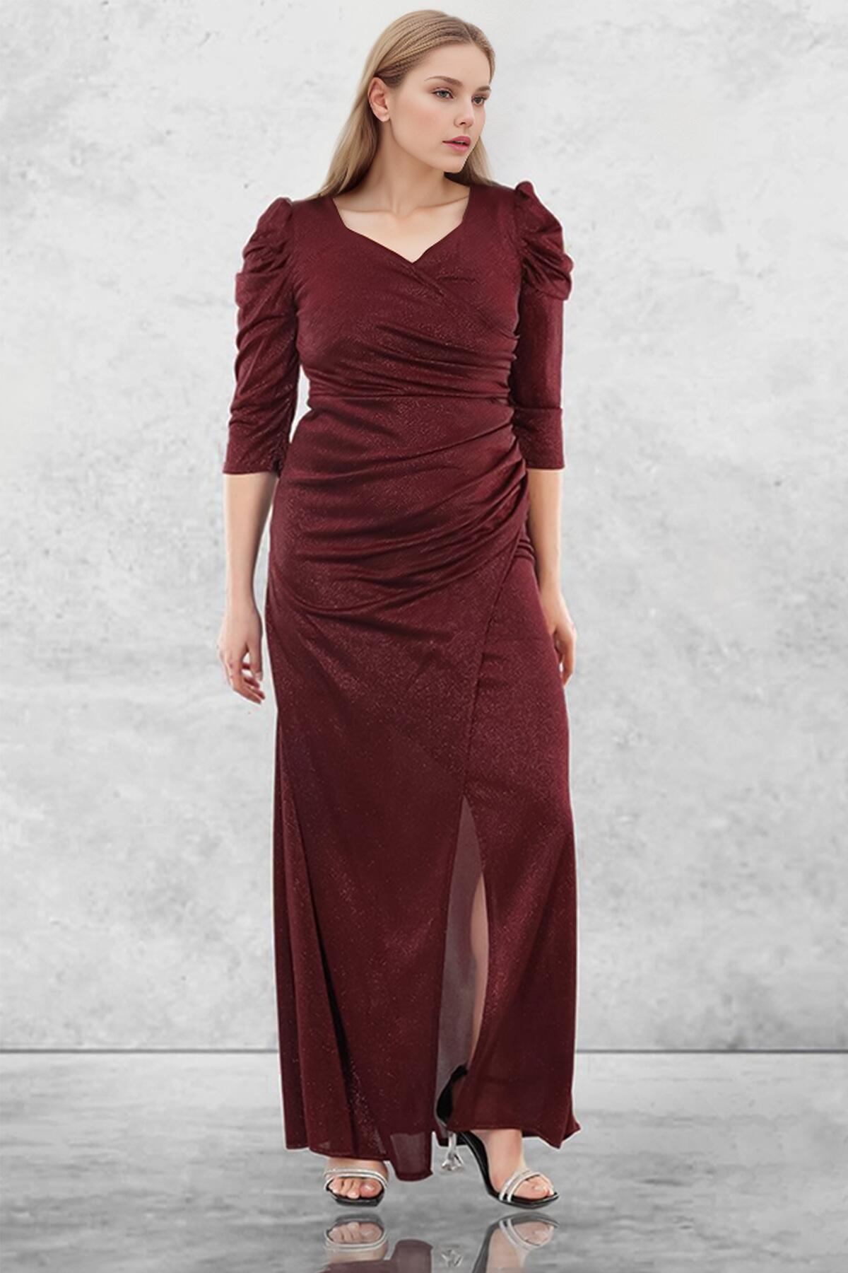 Plus - Size Long Glitter Evening Dress — Burgundy