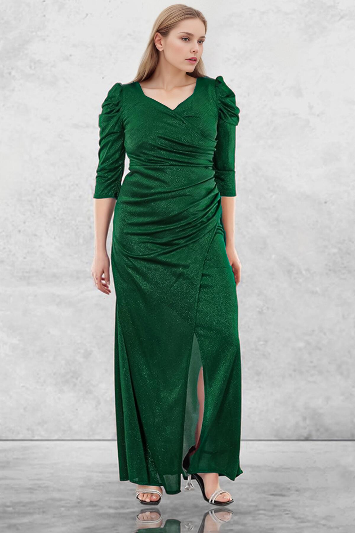Plus - Size Long Glitter Evening Dress — Green