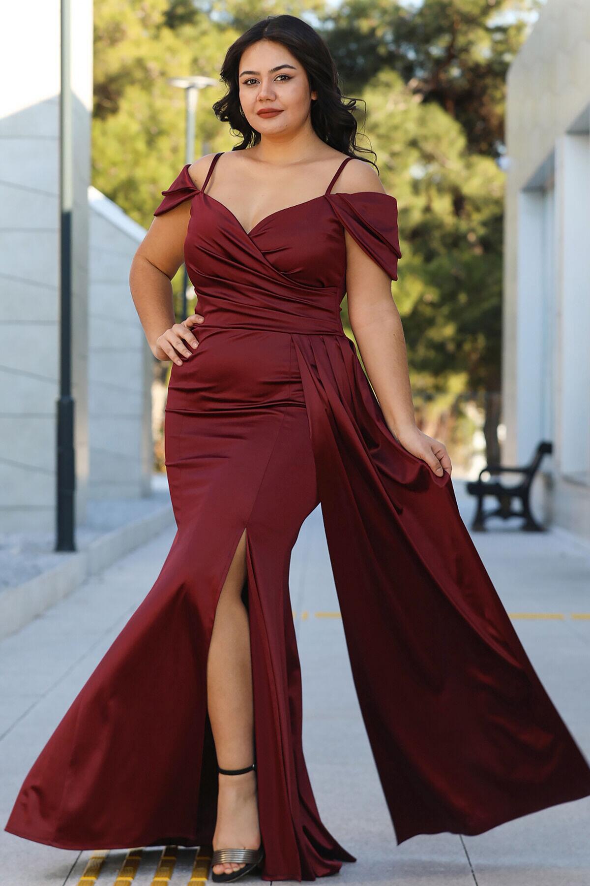 Plus - Size Satin Strappy Gown — Burgundy
