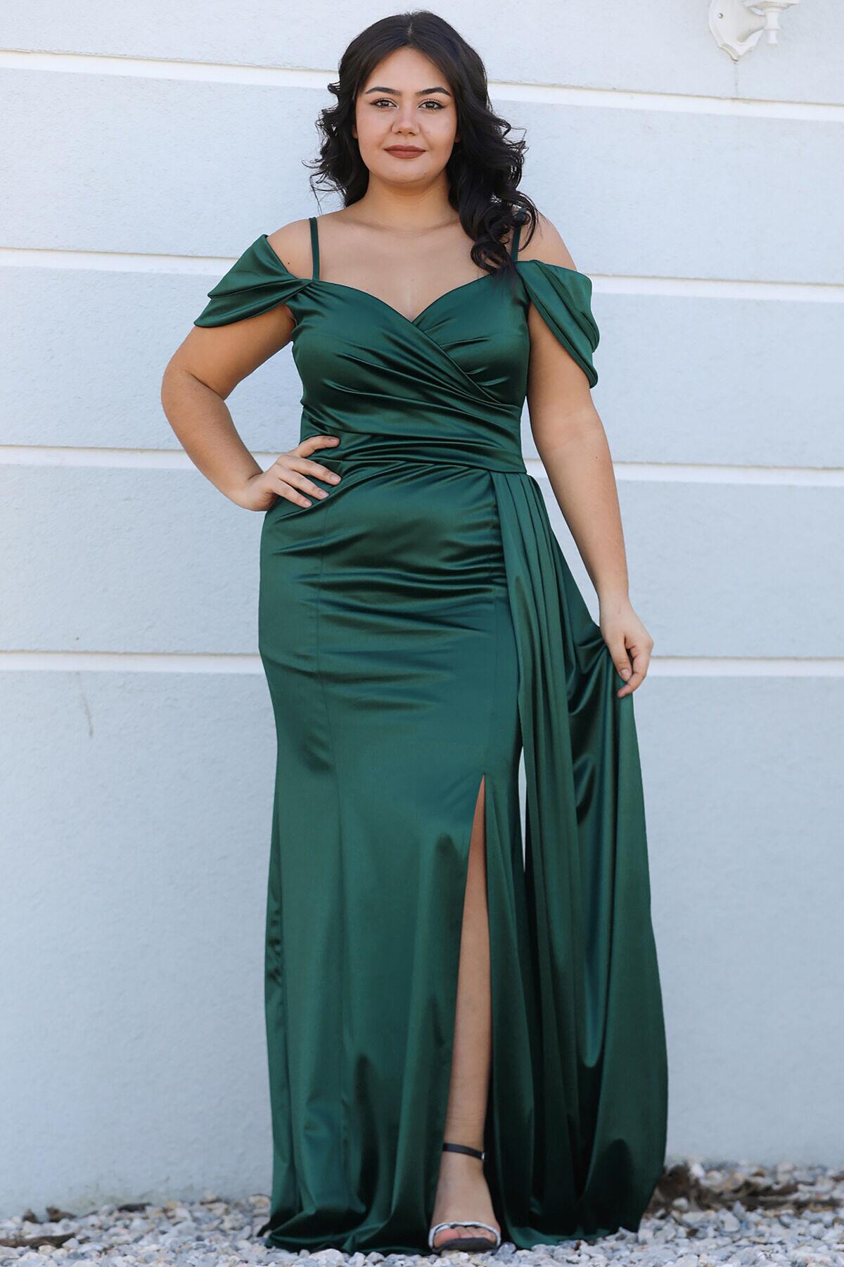 Plus - Size Satin Strappy Gown — Emerald