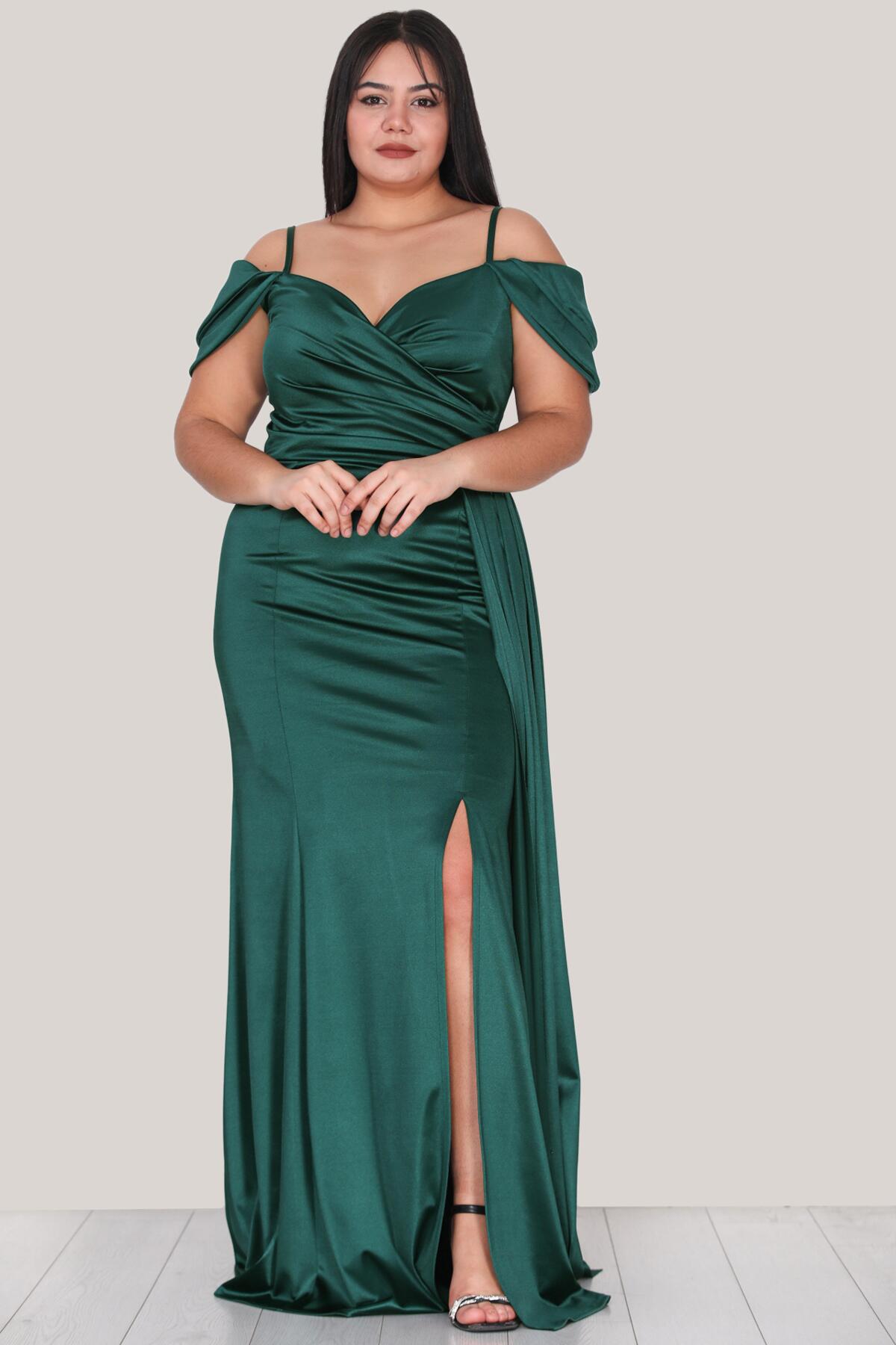 Plus - Size Satin Strappy Gown — Emerald