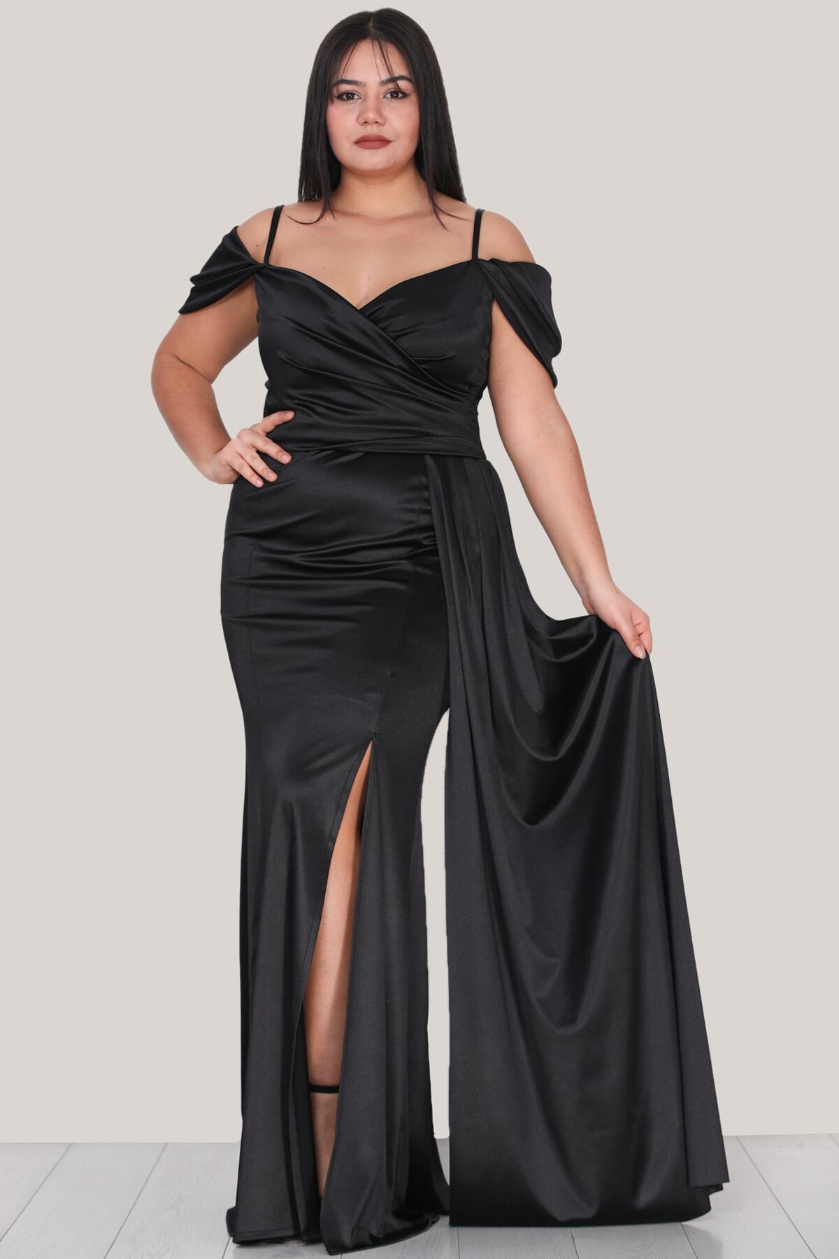 Black Satin Strappy Evening Dress (Plus Size)