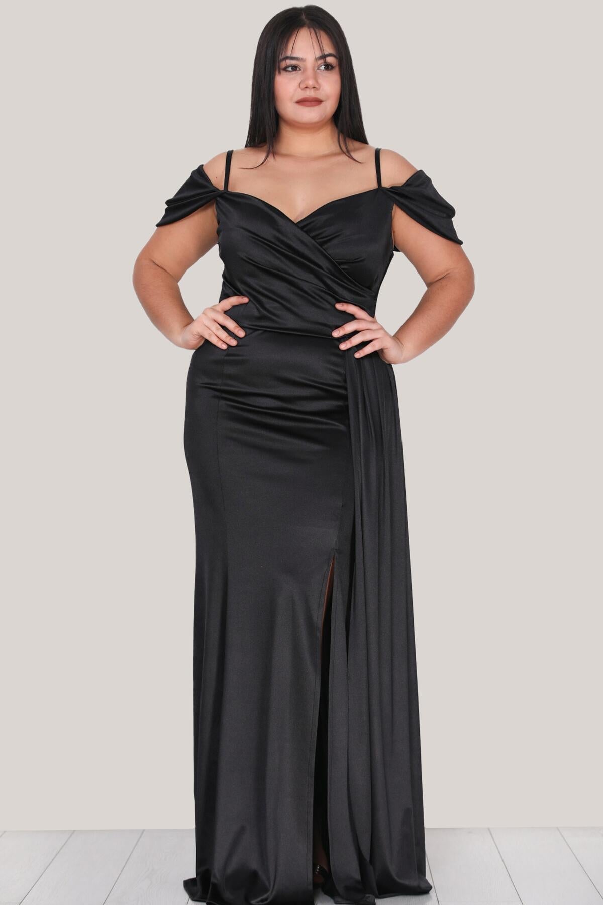 Black Satin Strappy Evening Dress (Plus Size)
