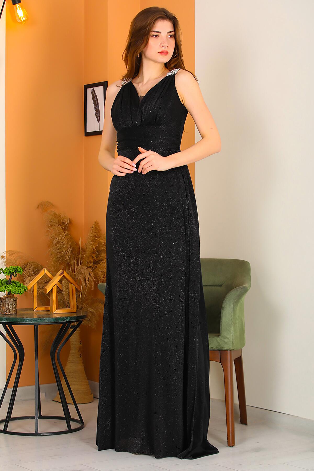 Long Glitter Evening Dress With Shoulder Detail — Black