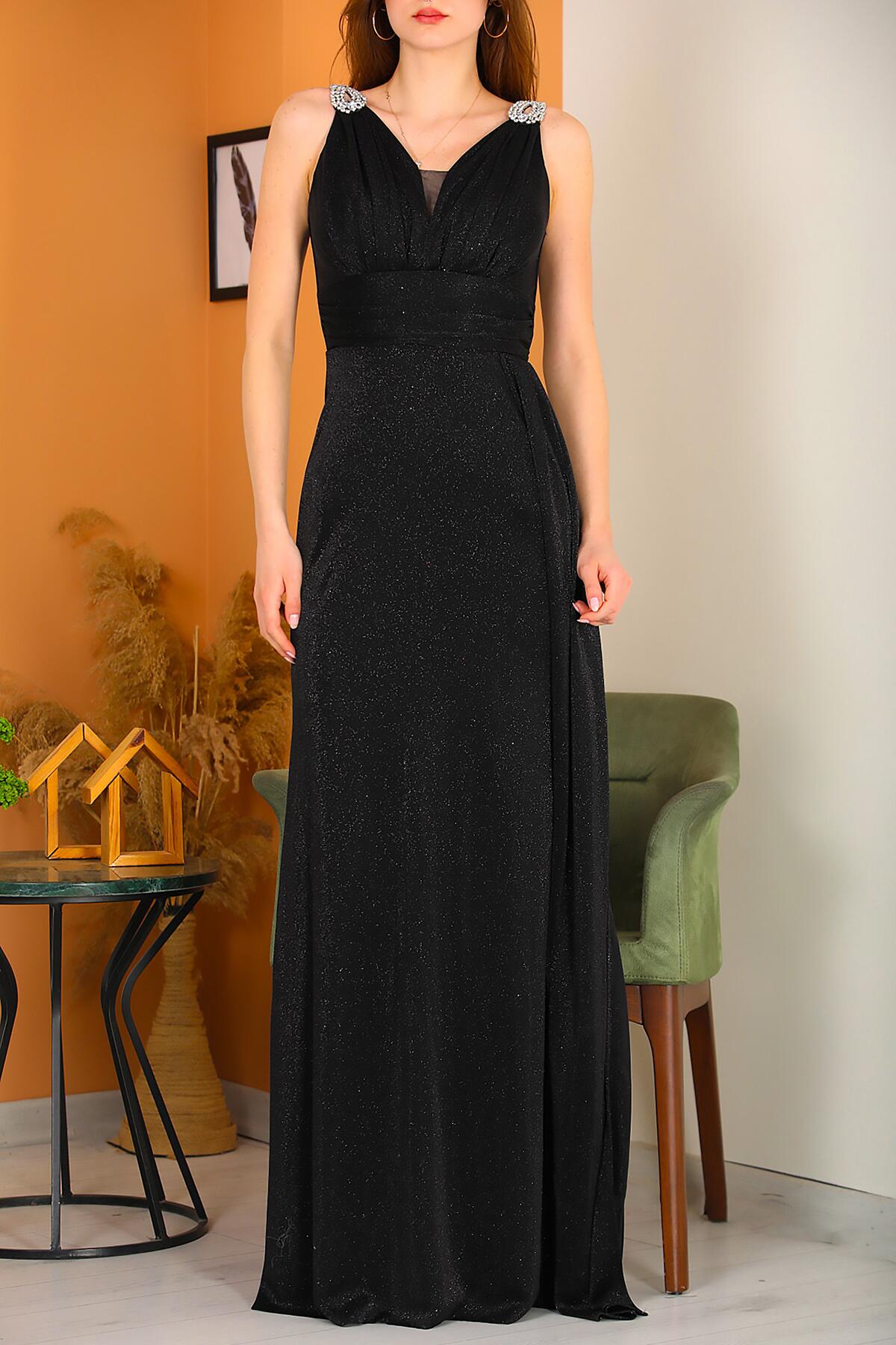 Long Glitter Evening Dress With Shoulder Detail — Black