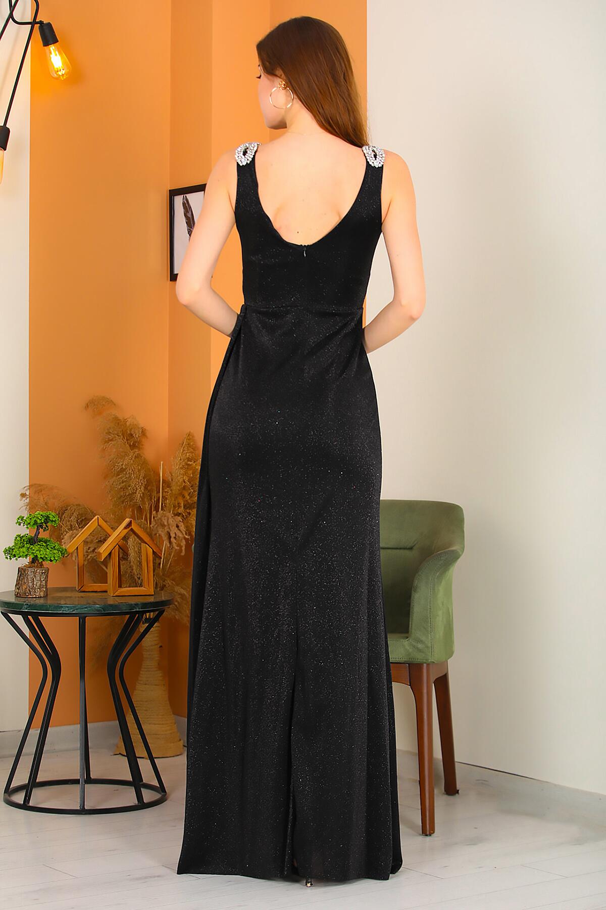 Long Glitter Evening Dress With Shoulder Detail — Black