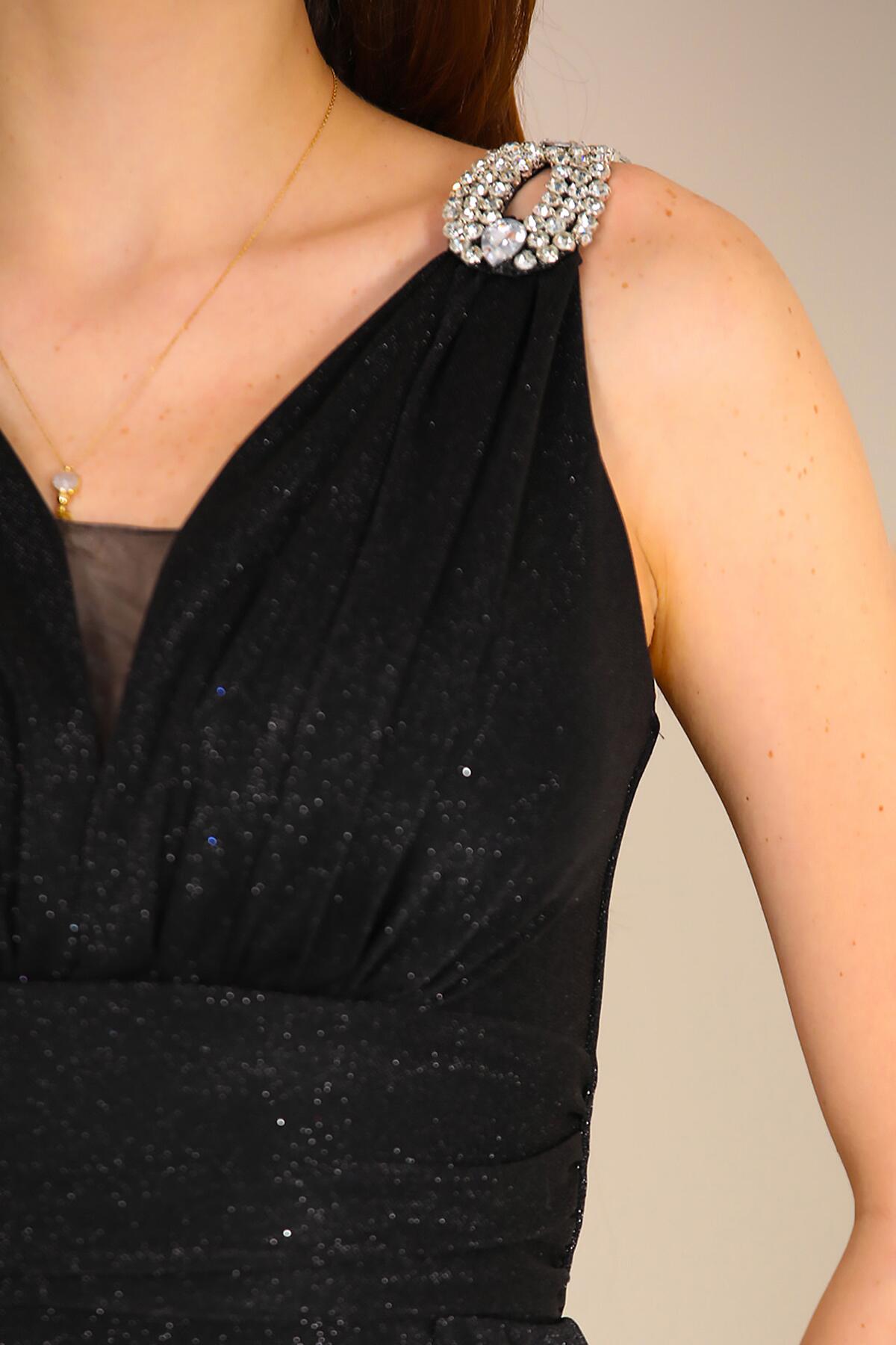 Long Glitter Evening Dress With Shoulder Detail — Black