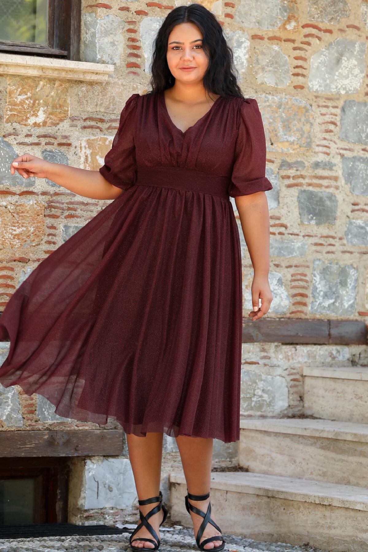 Plus - Size Pleated Waist Evening Dress, Burgundy