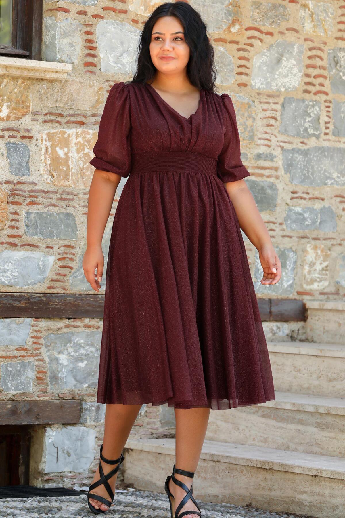 Plus - Size Pleated Waist Evening Dress, Burgundy