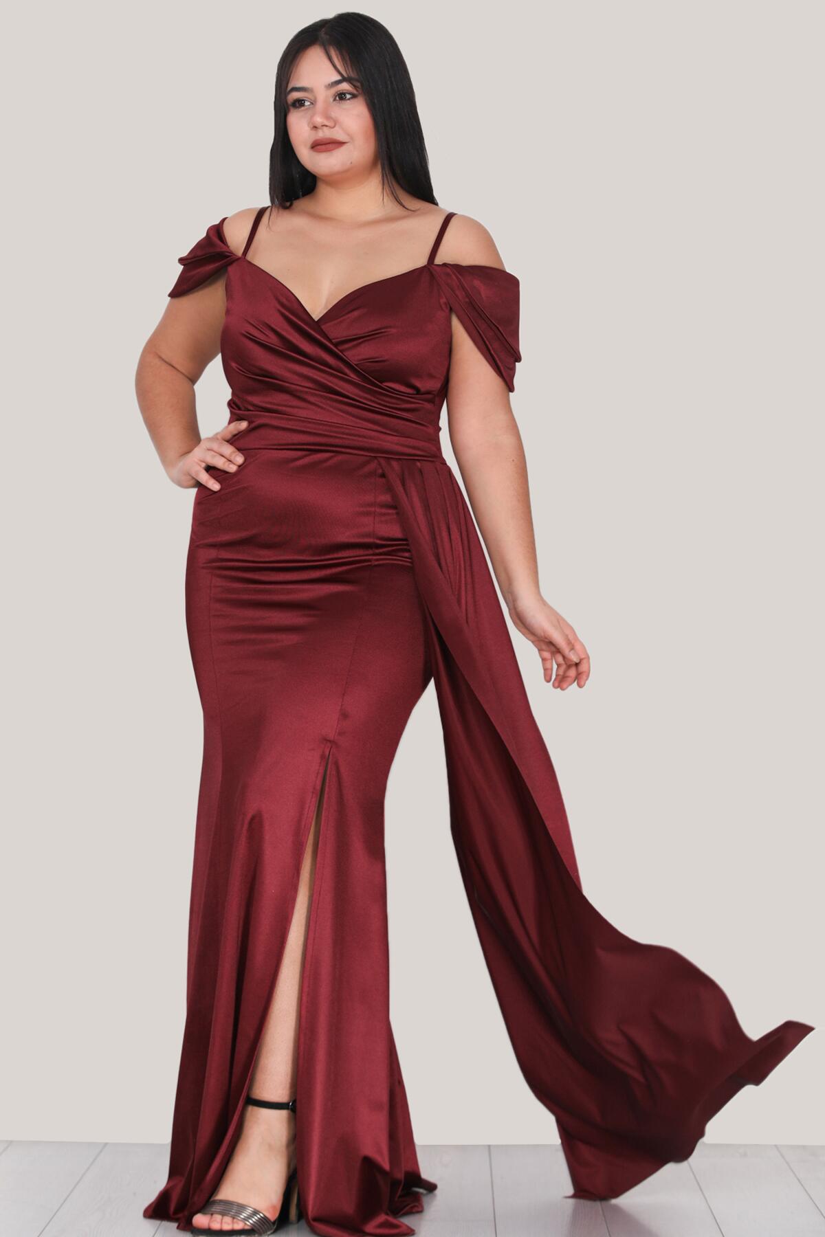Plus - Size Strappy Satin Evening Dress — Burgundy