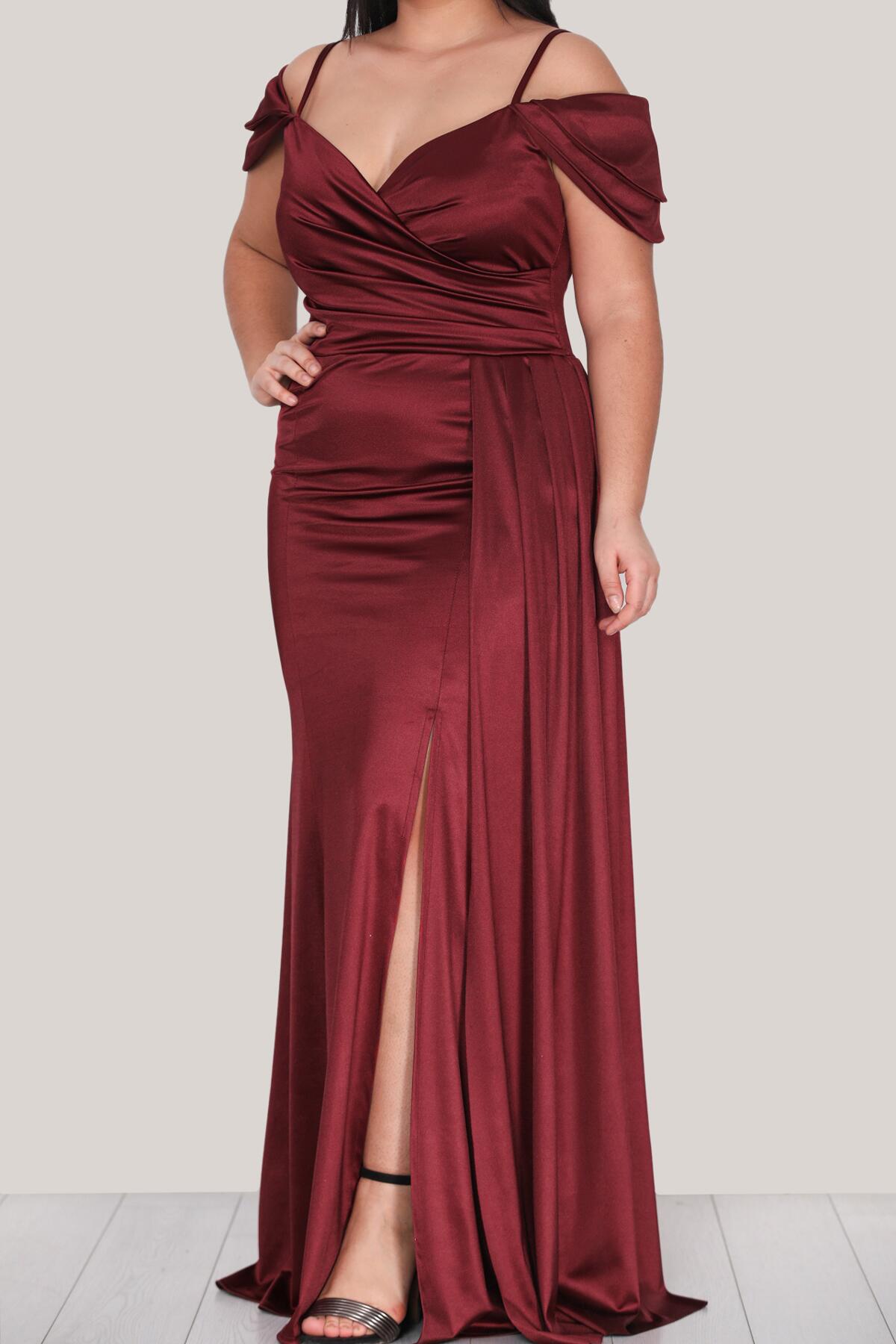 Plus - Size Strappy Satin Evening Dress — Burgundy