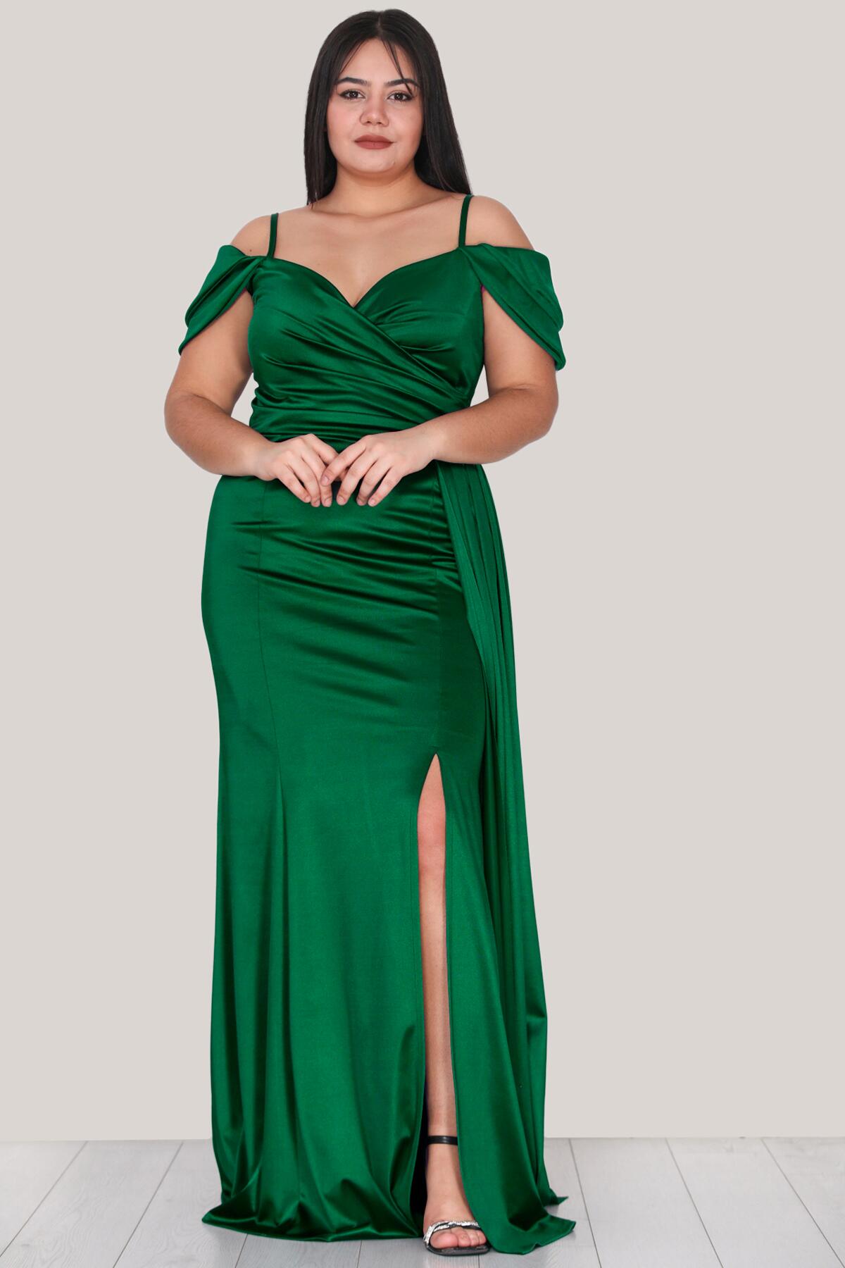Plus - Size Strappy Satin Evening Dress — Green