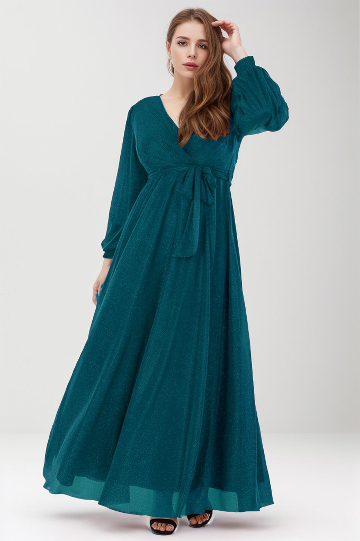 Plus‑Size Sparkle Long Evening Dress — Petrol