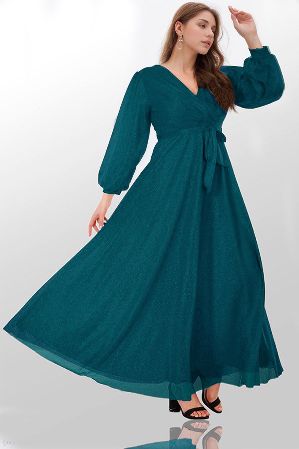 Plus‑Size Sparkle Long Evening Dress — Petrol