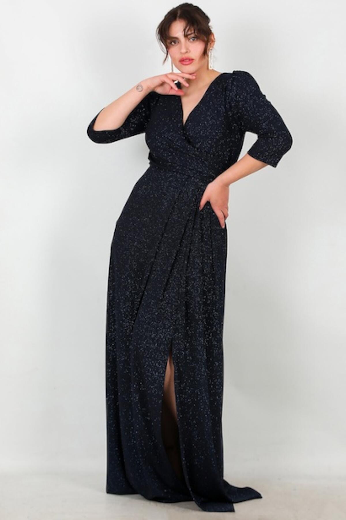 Plus‑Size Long Evening Dress With Glitter Elbow‑Length Sleeves — Navy