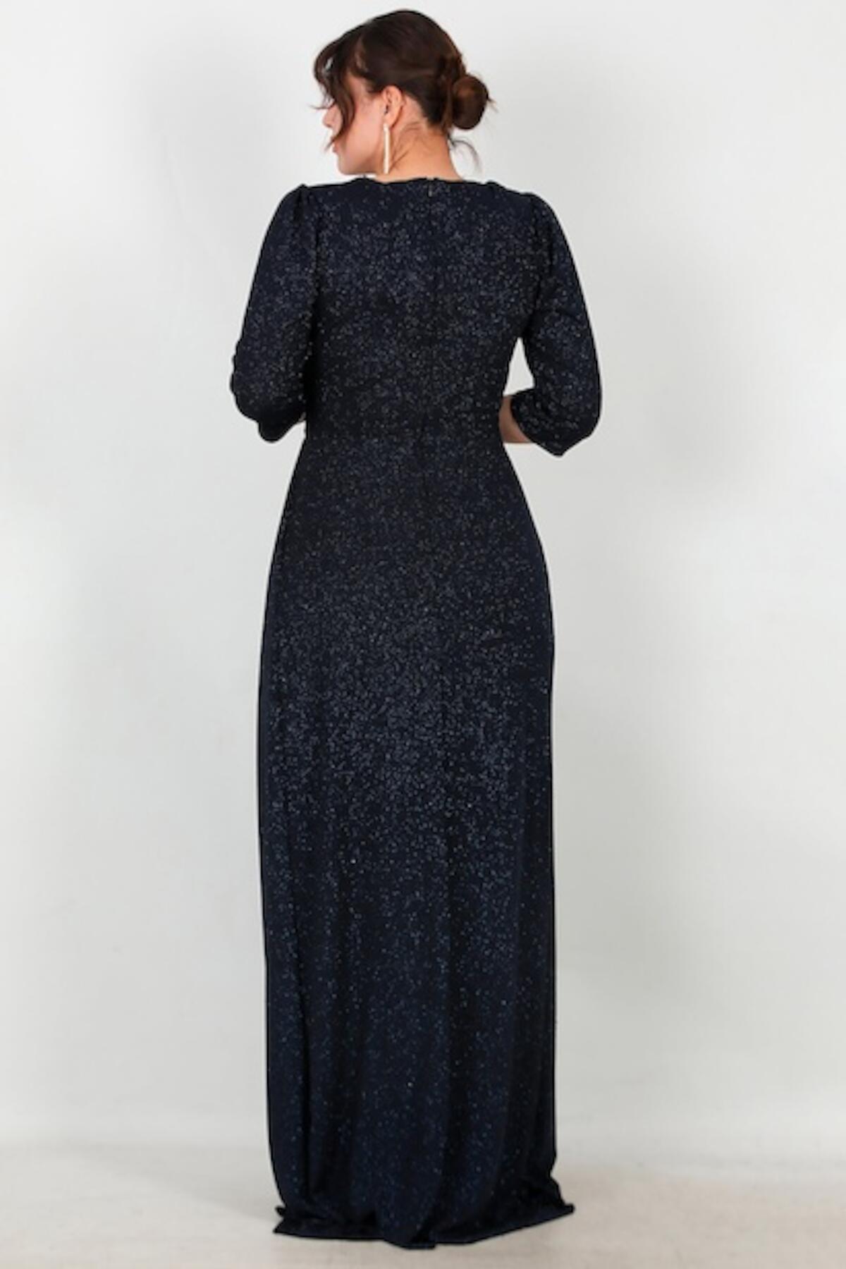 Plus‑Size Long Evening Dress With Glitter Elbow‑Length Sleeves — Navy