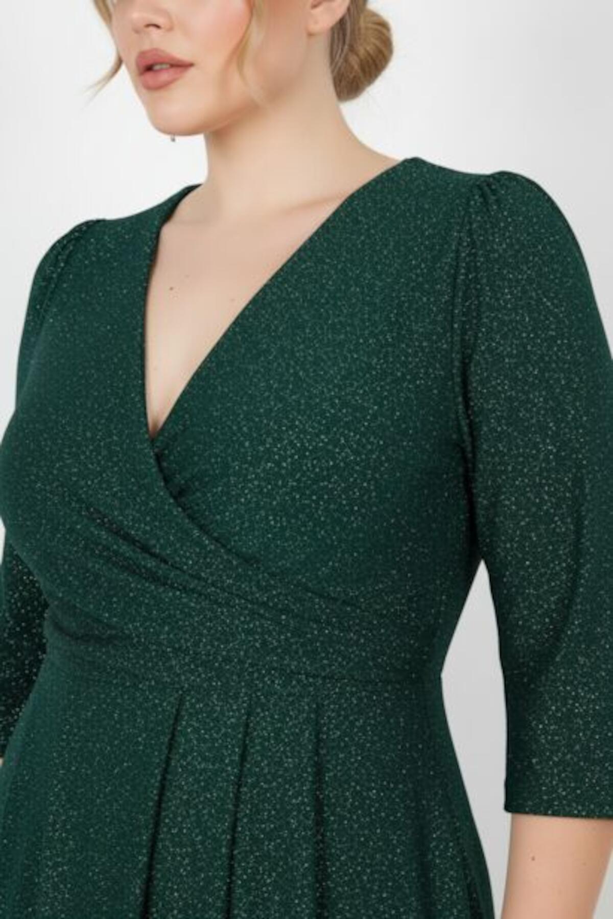 Plus - Size Long Glitter Evening Dress With Elbow Sleeves — Emerald