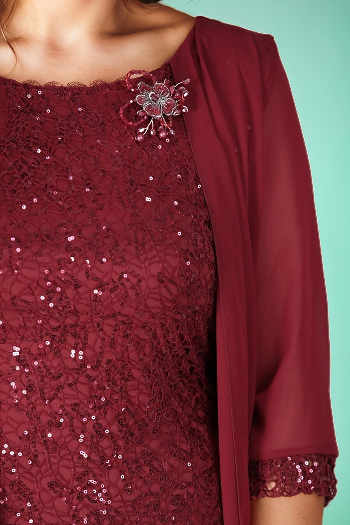 Plus - Size Chiffon Sequin Evening Dress, Burgundy