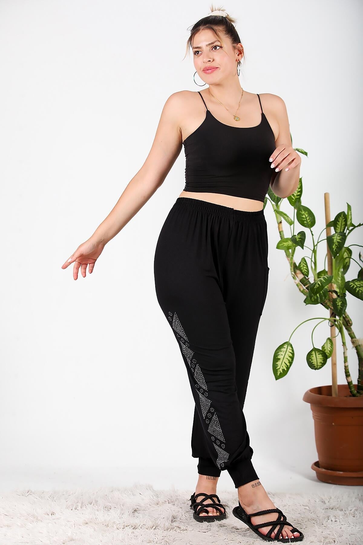 Plus - Size Şalvar With Side Stones — Black