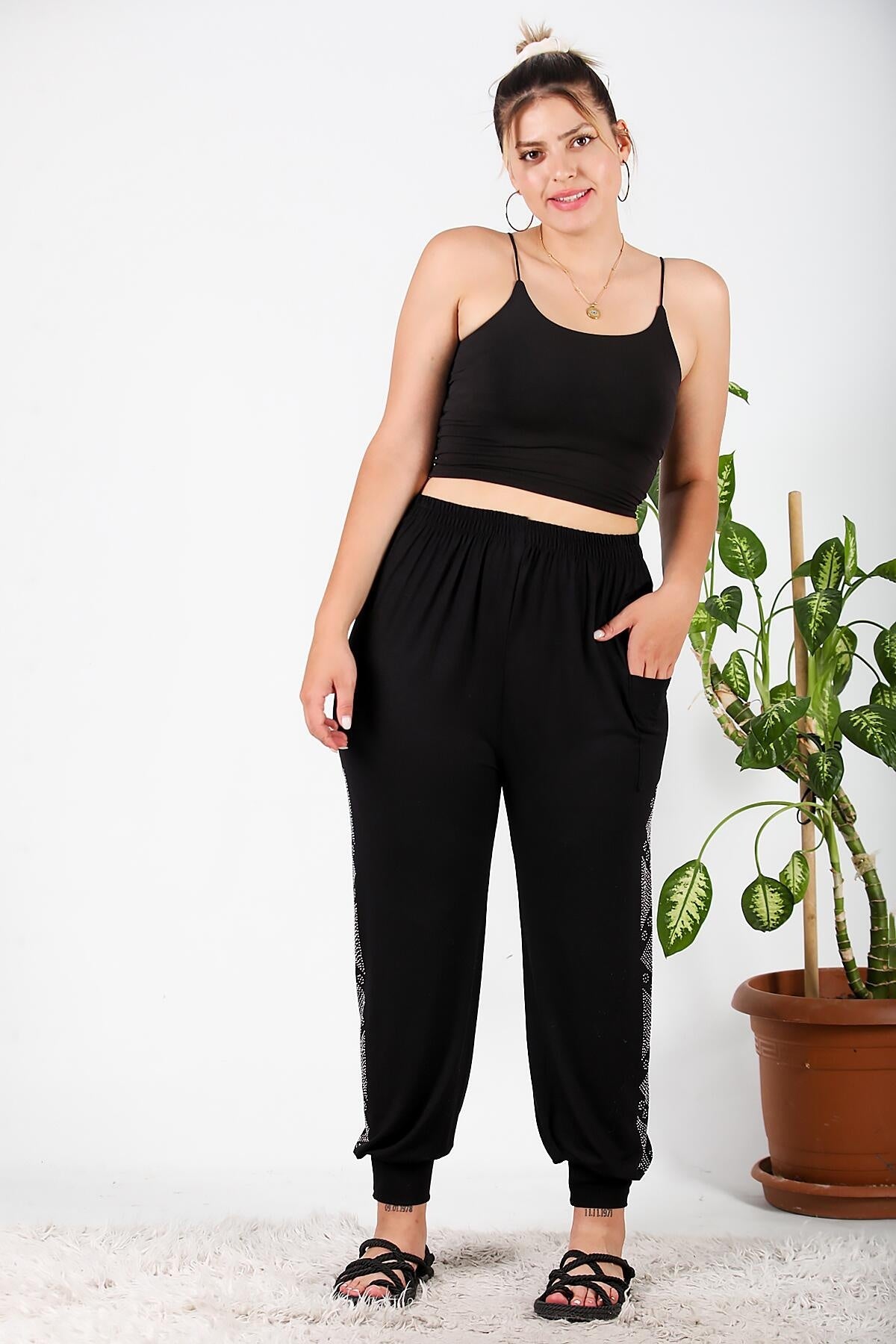 Plus - Size Şalvar With Side Stones — Black