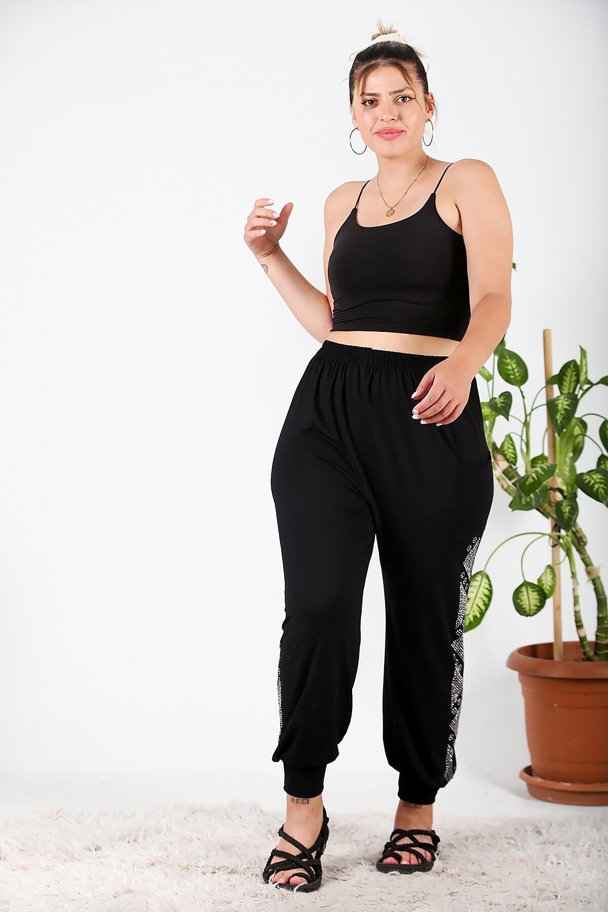 Plus - Size Şalvar With Side Stones — Black