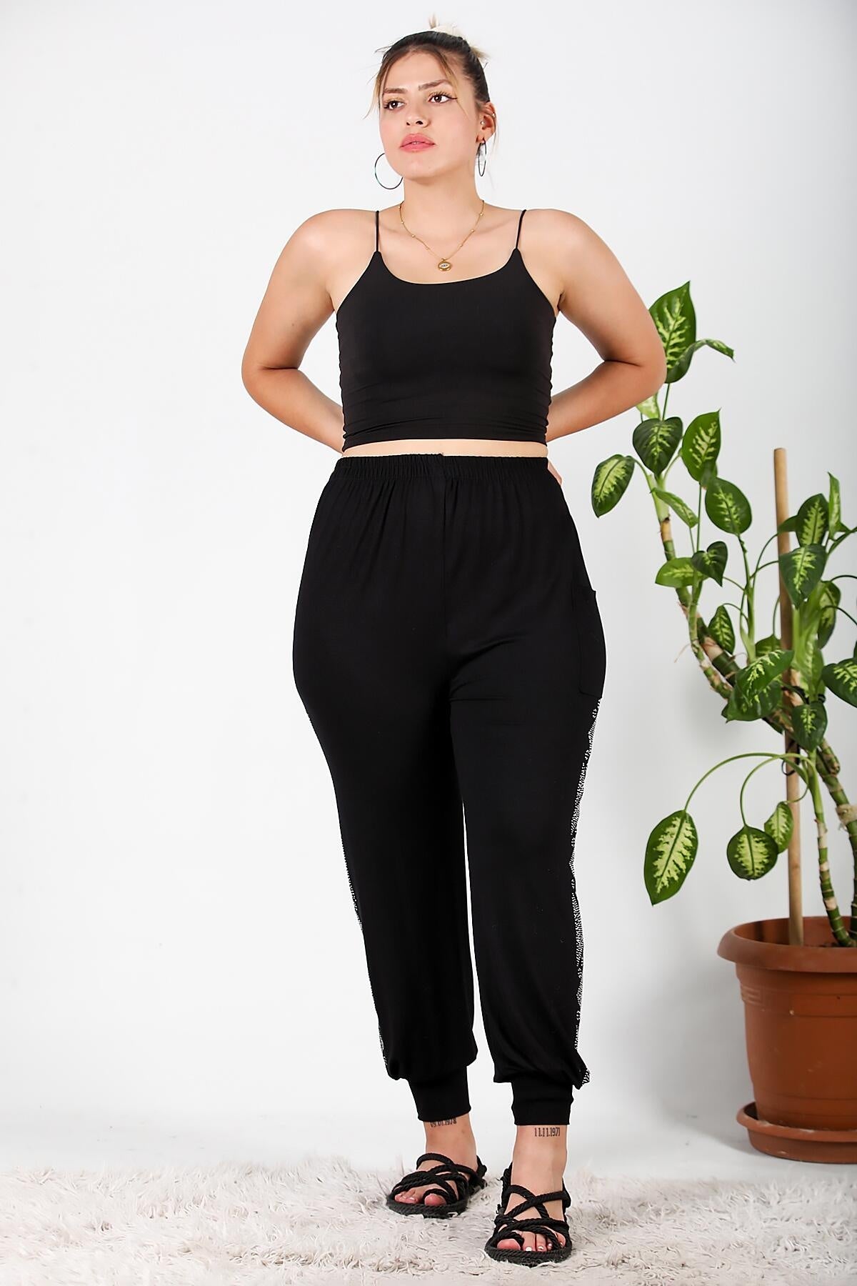 Plus - Size Şalvar With Side Stones — Black