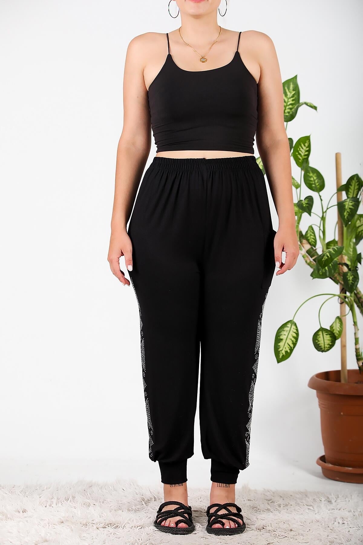 Plus - Size Şalvar With Side Stones — Black