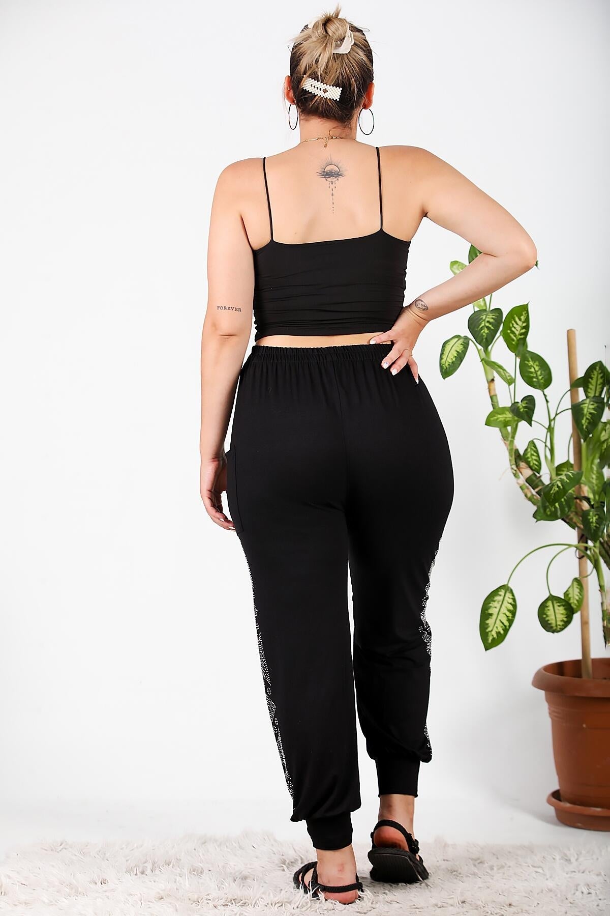 Plus - Size Şalvar With Side Stones — Black