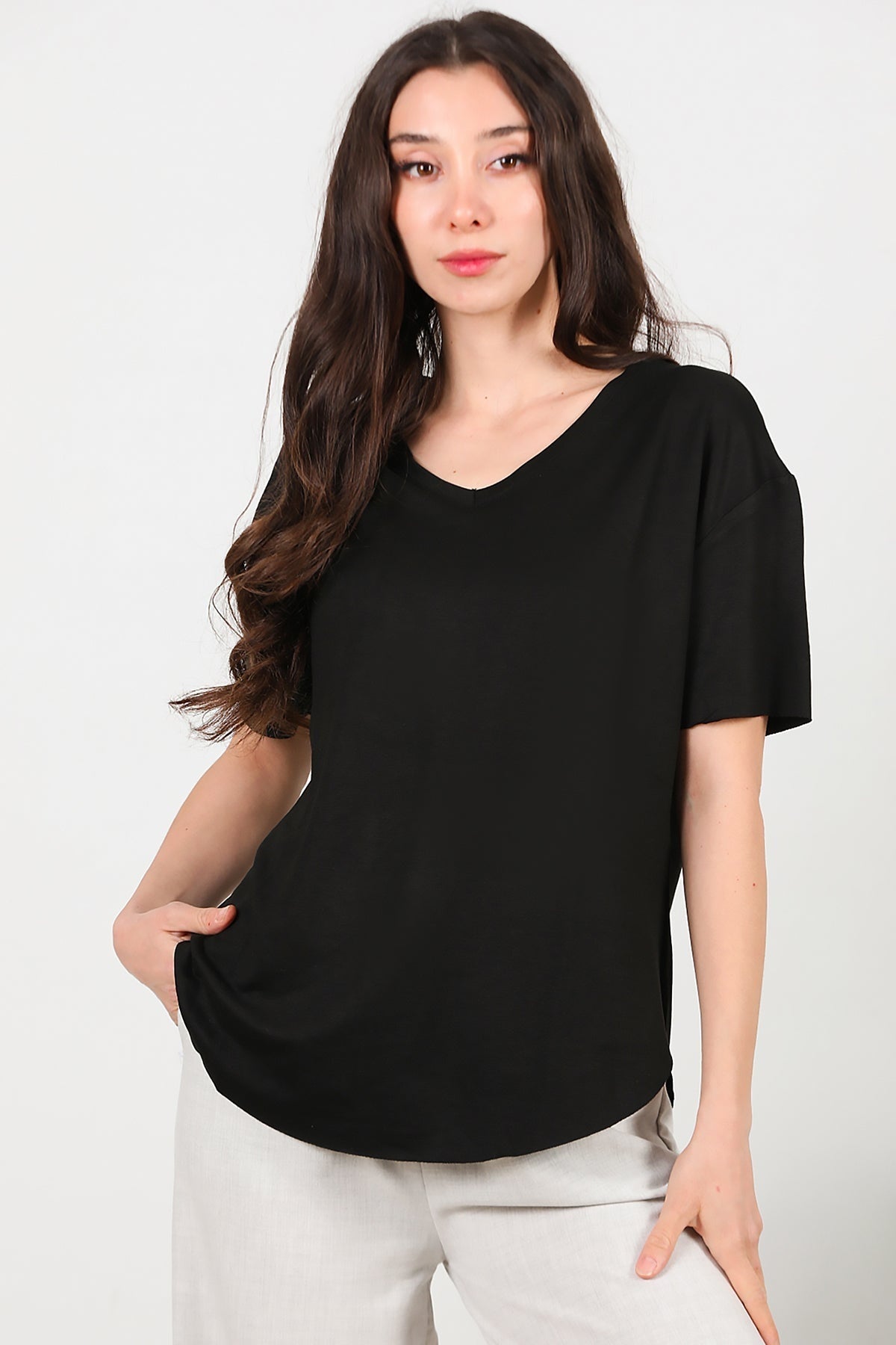 V - Neck T - Shirt With Oval Hem — Black
