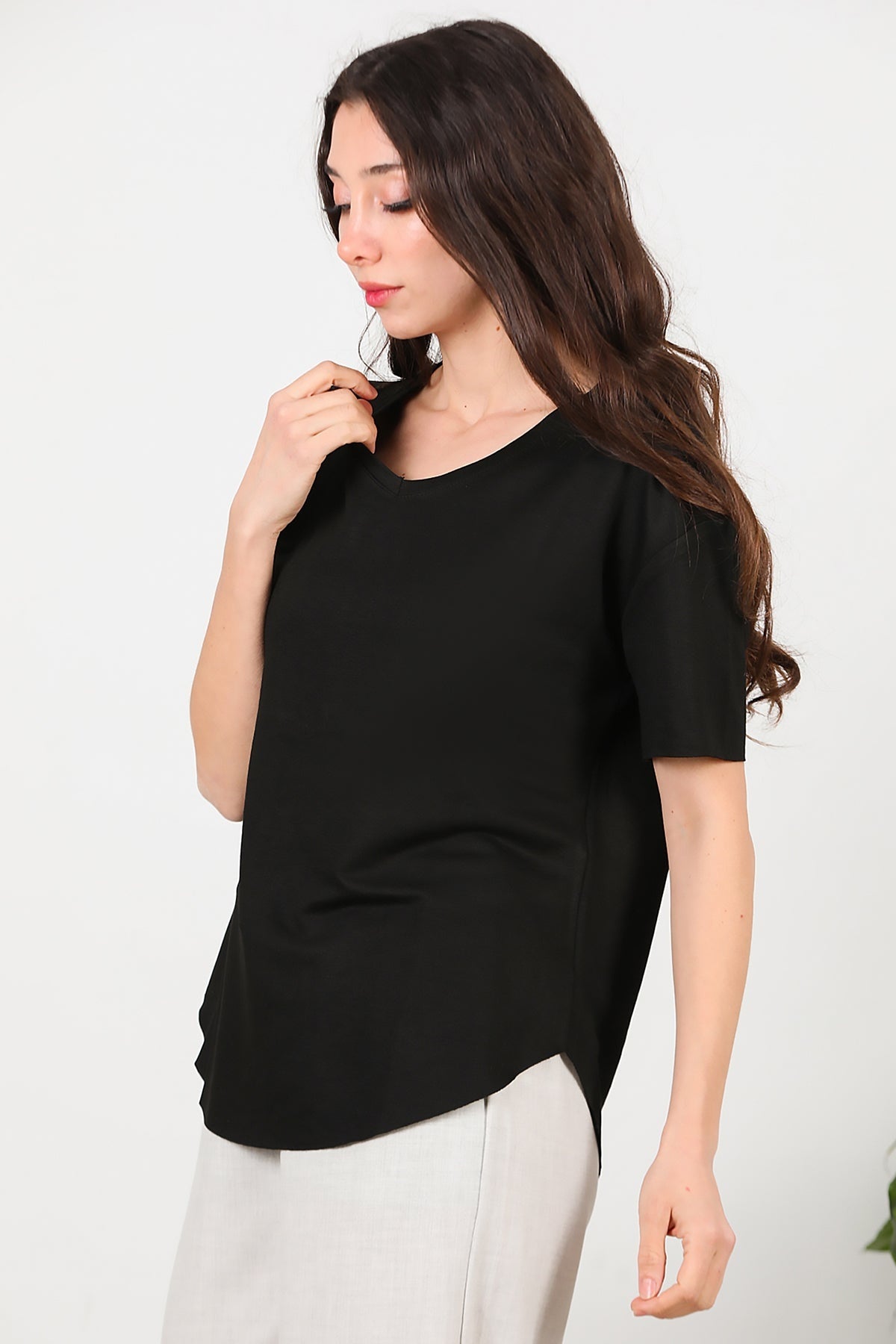 V - Neck T - Shirt With Oval Hem — Black