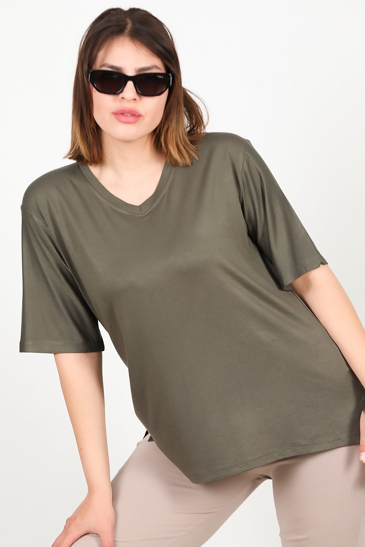 Plus - Size Short - Sleeve Blouse In Khaki