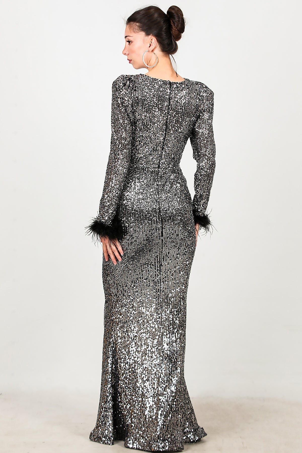 Long Sequin Evening Dress With Feather - Trimmed Cuffs — Silver