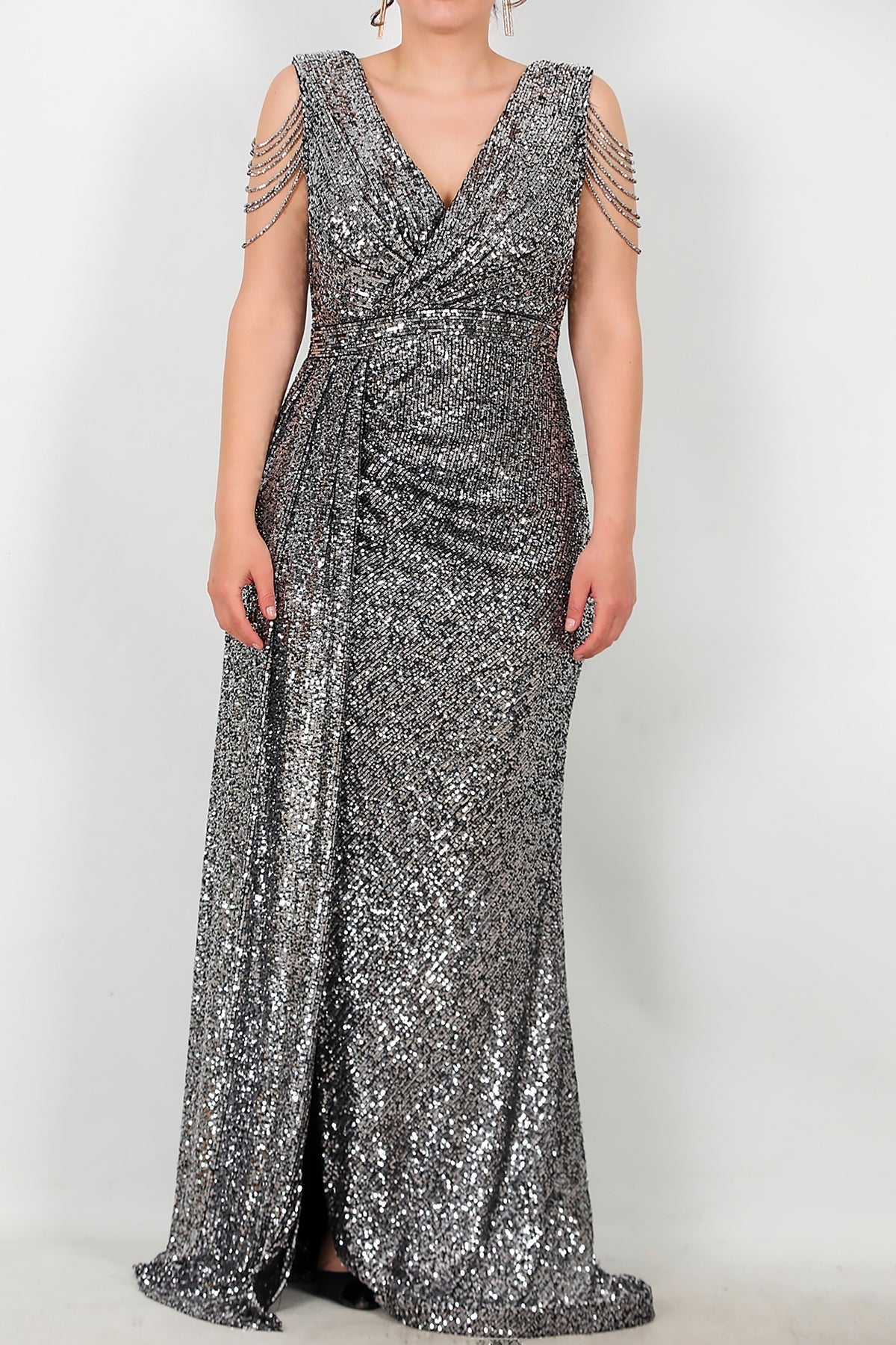 Plus - Size Long Sequin Evening Dress With Shoulder Chain — Silver