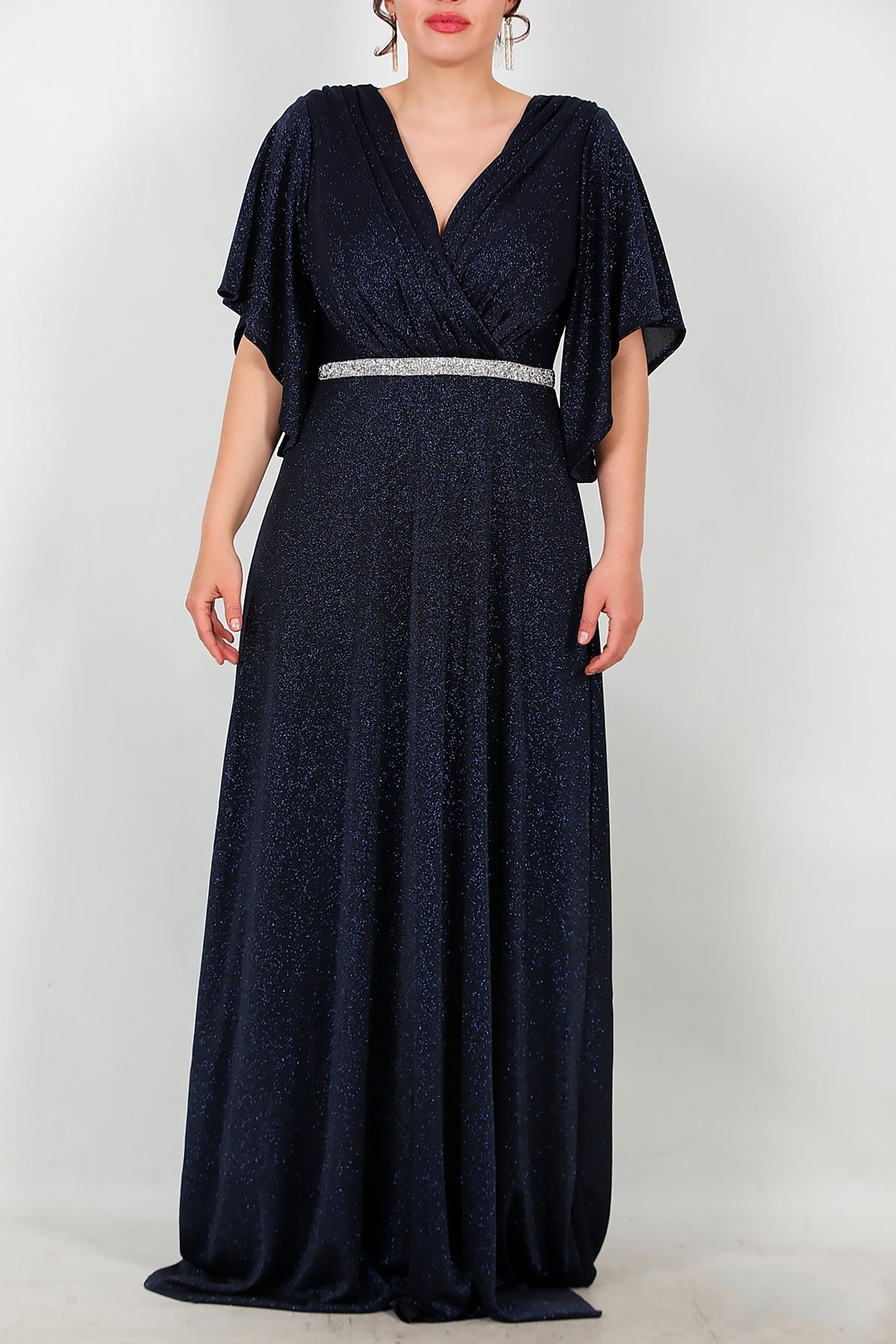 Plus - Size Long Evening Dress With Stone - Trim Waist — Navy