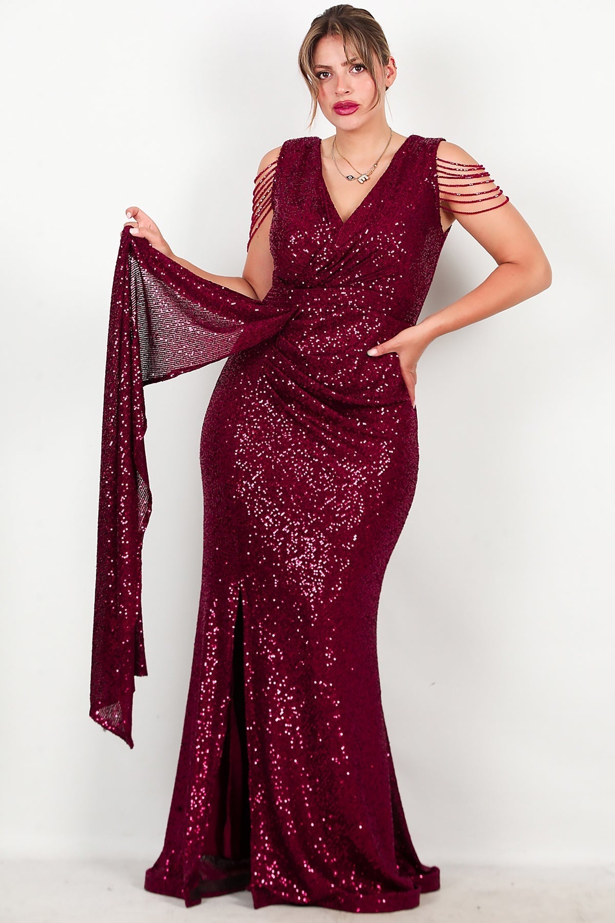 Plus - Size Burgundy Sequin Maxi Evening Dress With Shoulder Chain