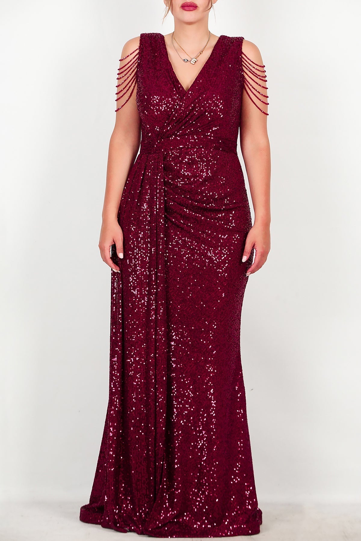 Plus - Size Burgundy Sequin Maxi Evening Dress With Shoulder Chain
