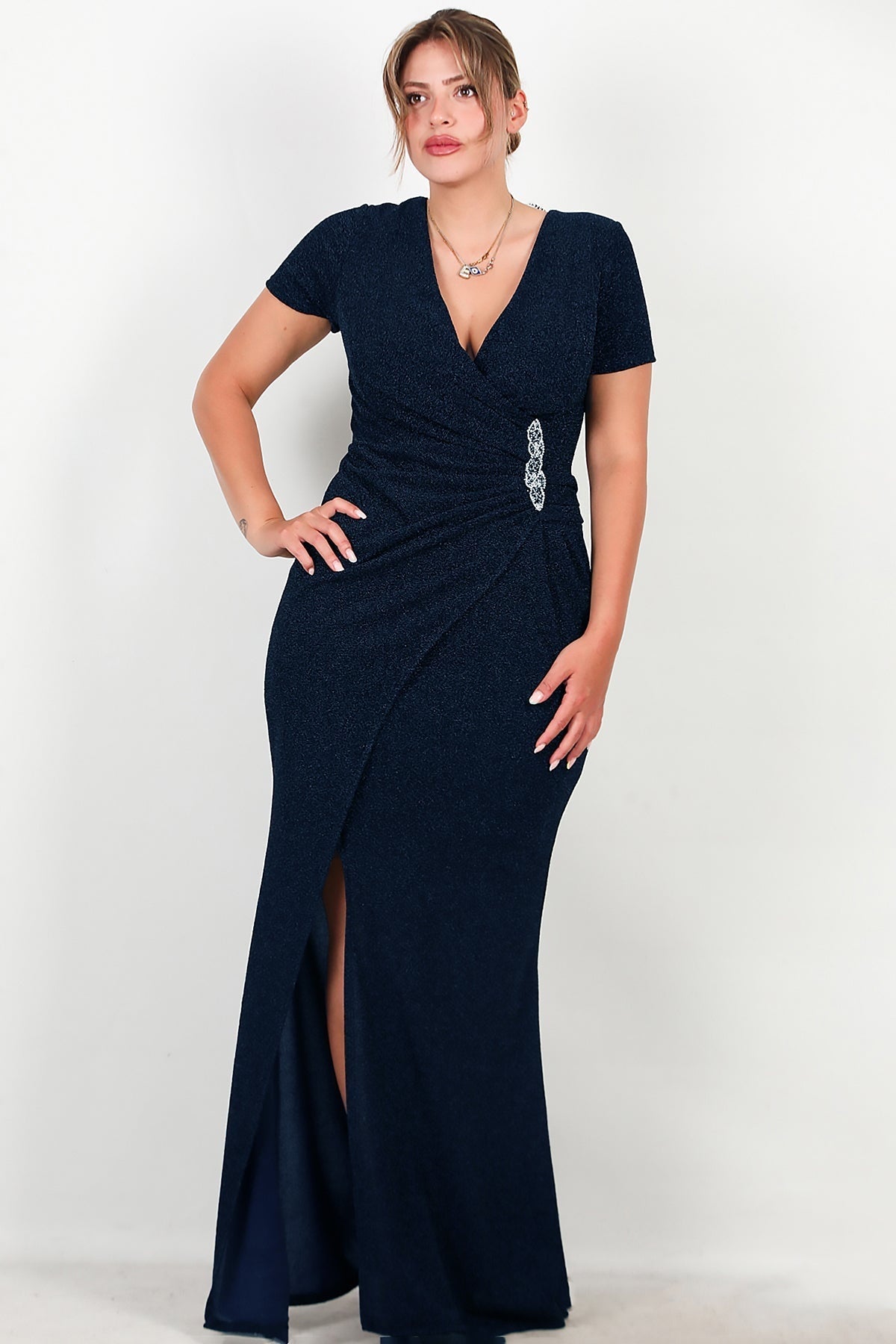 Navy Glitter Evening Dress With Embellished Waist — Plus Size