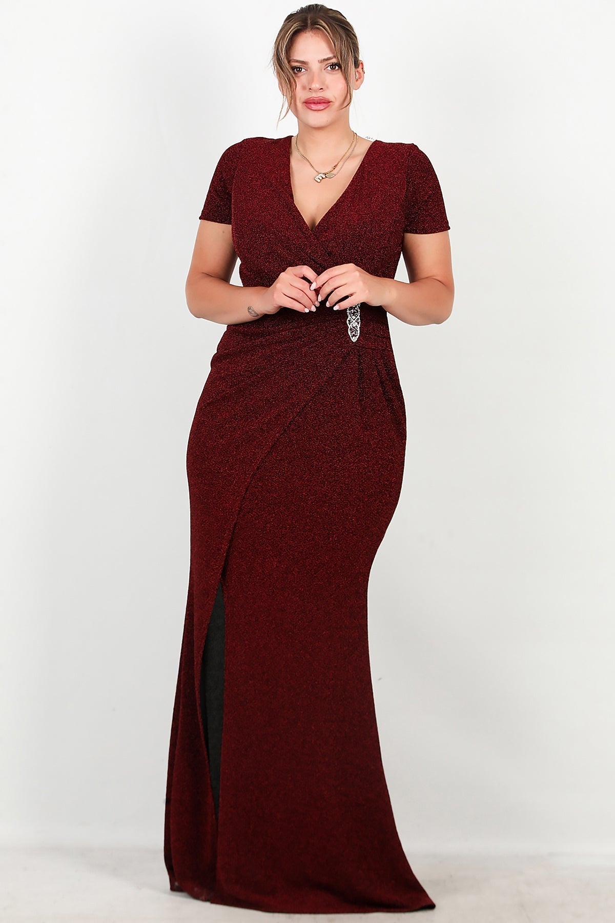 Plus - Size Long Sparkle Evening Dress With Beaded Waist — Burgundy