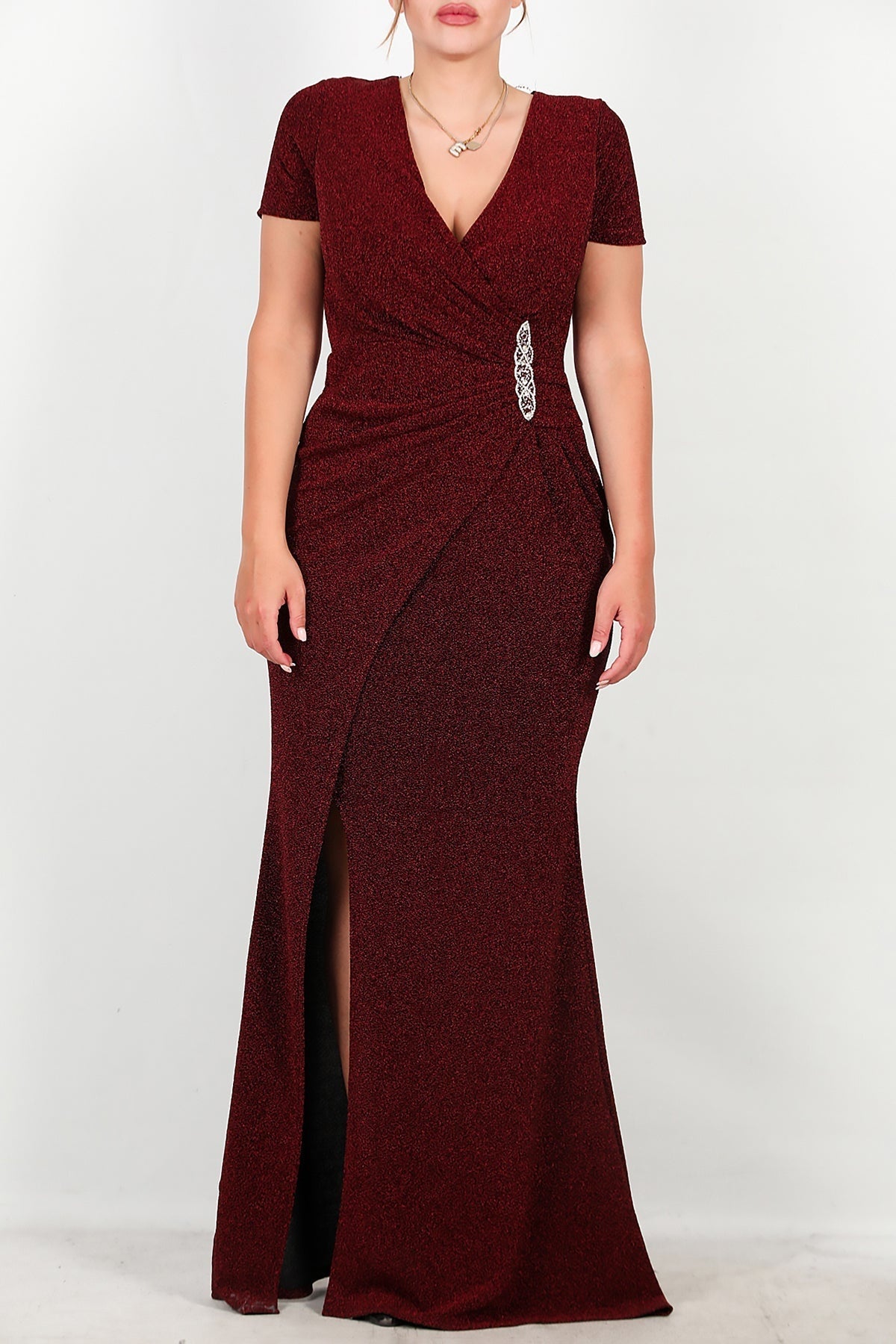 Plus - Size Long Sparkle Evening Dress With Beaded Waist — Burgundy