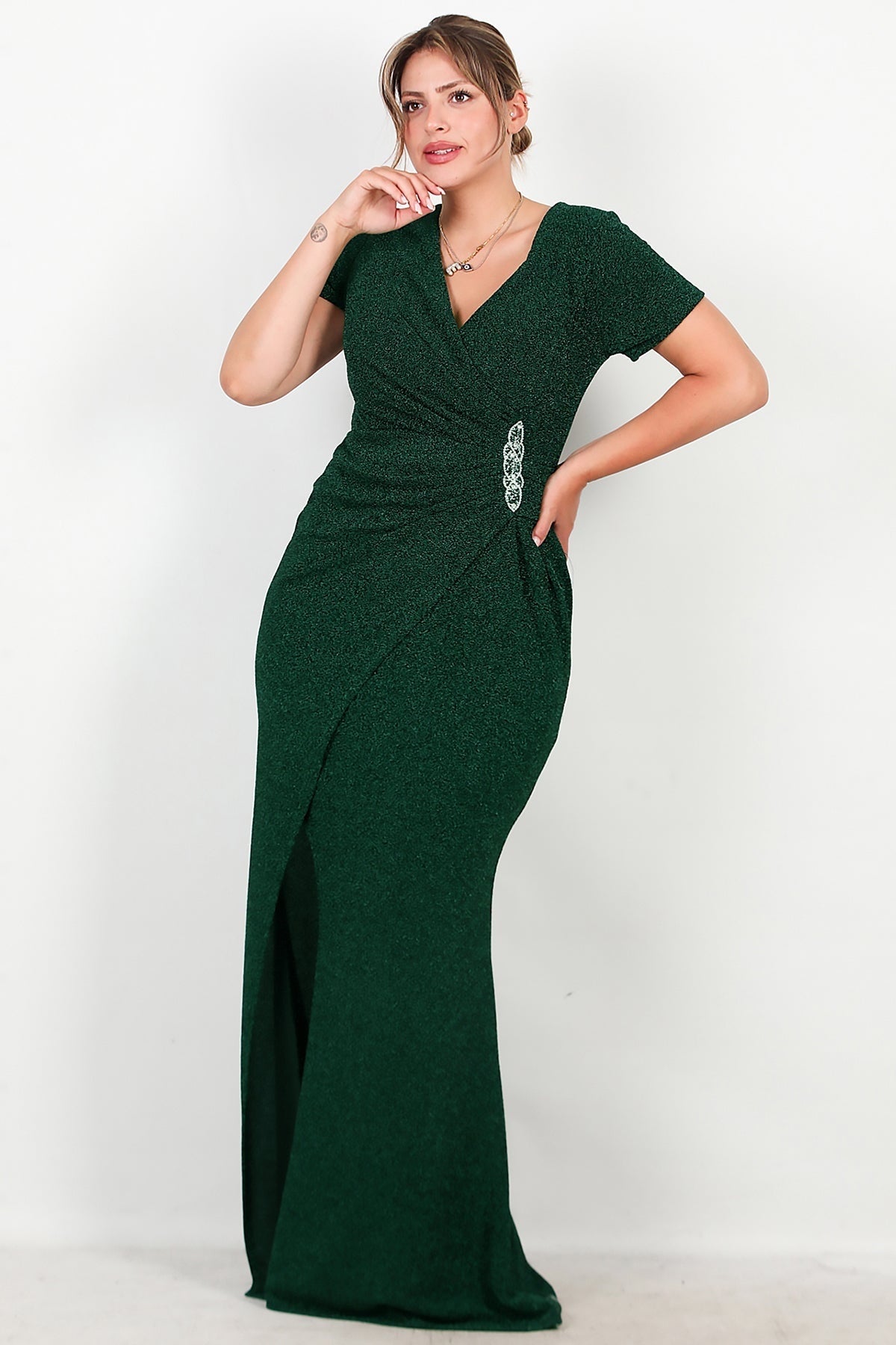 Plus - Size Long Sparkle Evening Dress With Beaded Waist — Emerald